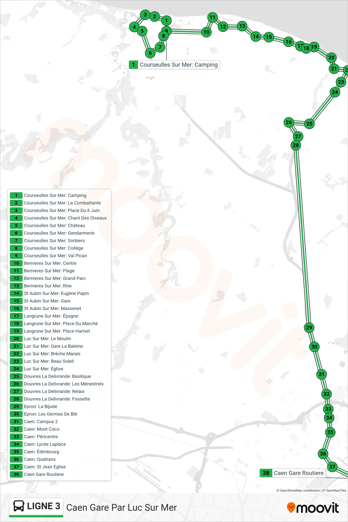 LIGNE 3 bus Line (Caen Gare Par Luc Sur Mer) route and stops on a map