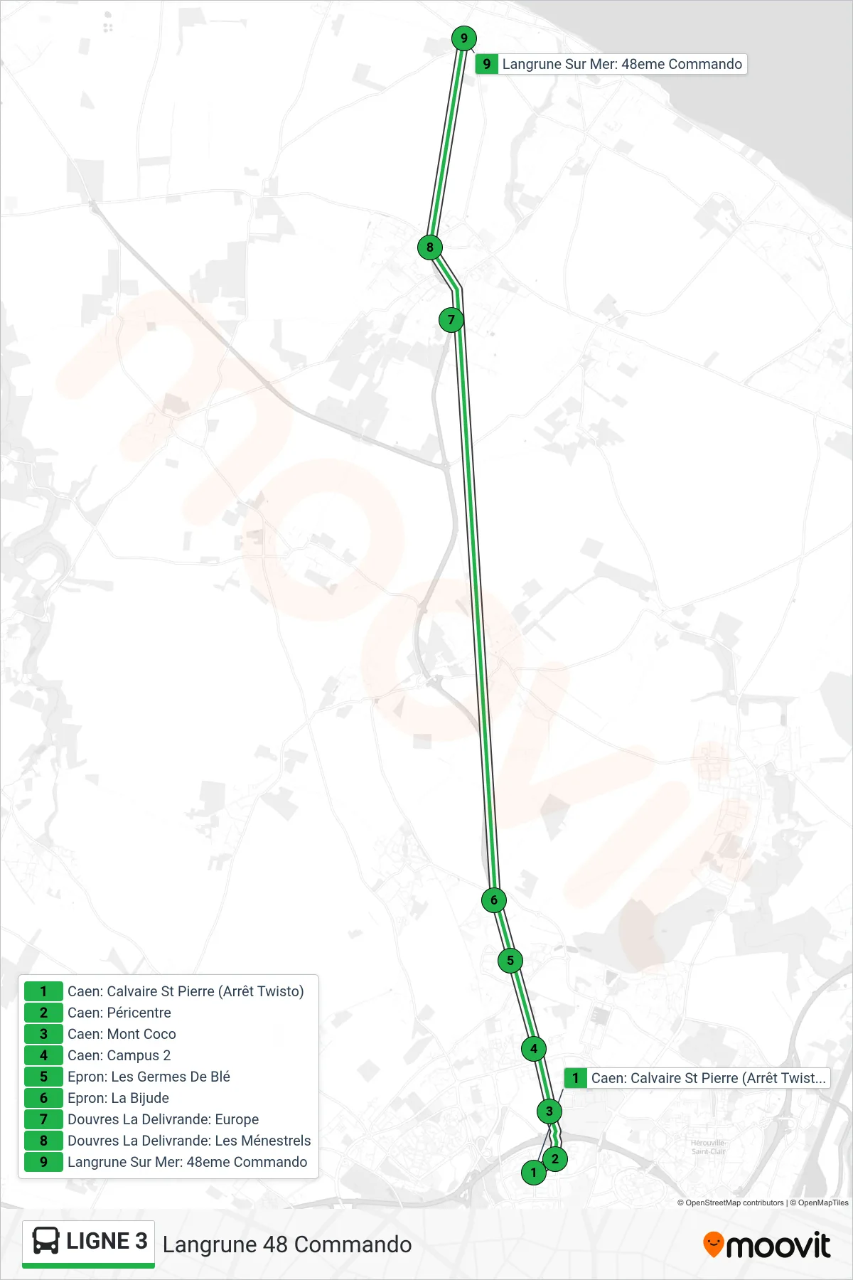 LIGNE 3 bus Line (Langrune 48 Commando) route and stops on a map