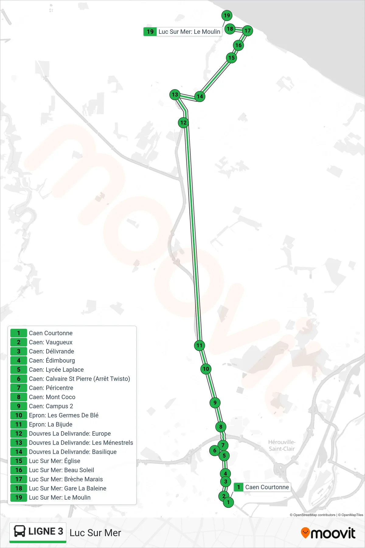 LIGNE 3 bus Line (Luc Sur Mer) route and stops on a map