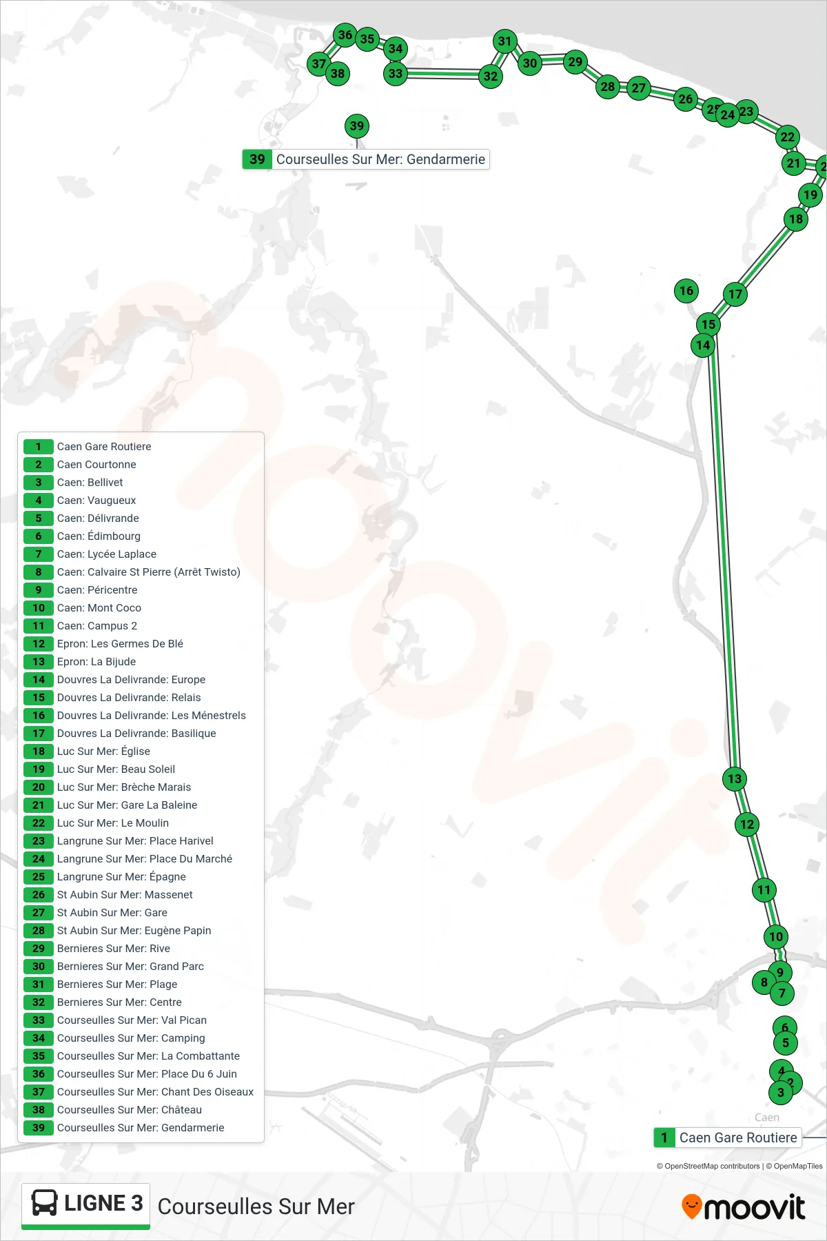 LIGNE 3 bus Line (Courseulles Sur Mer) route and stops on a map