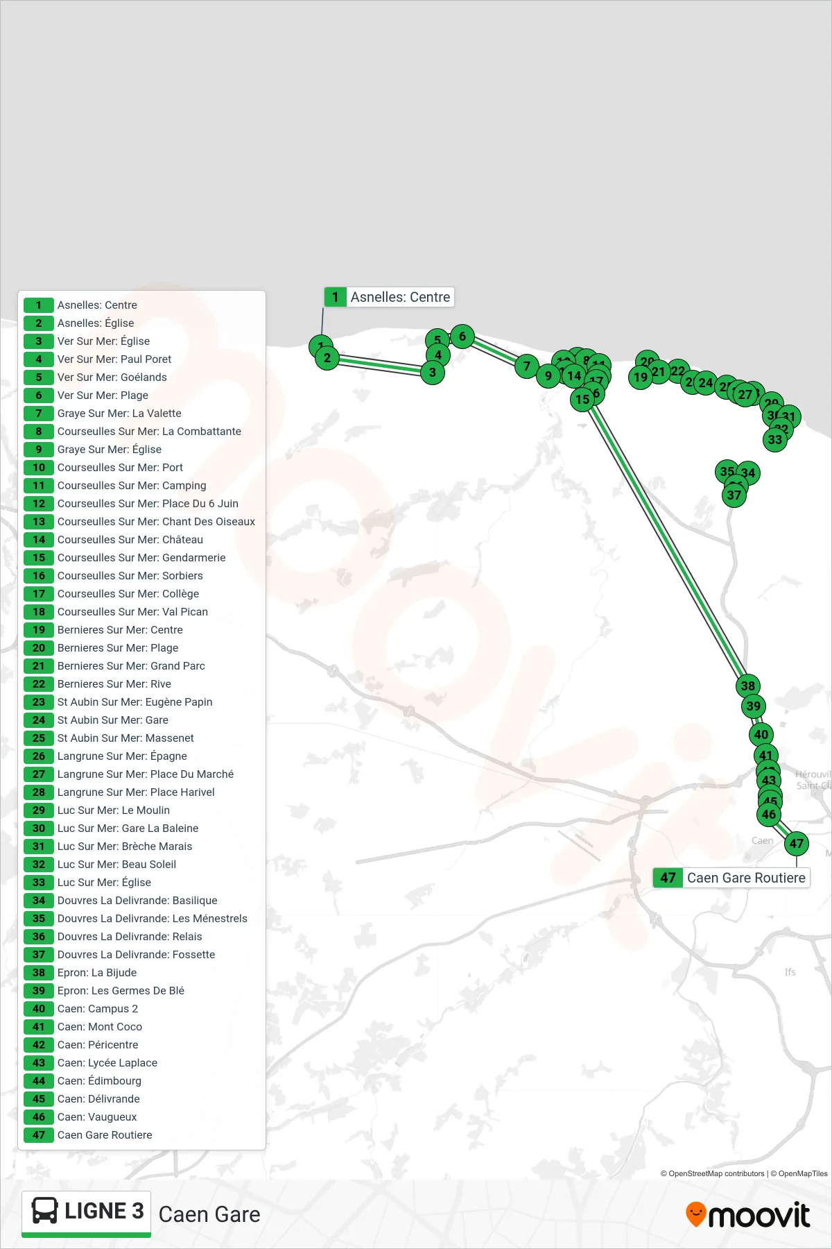 LIGNE 3 bus Line (Caen Gare) route and stops on a map