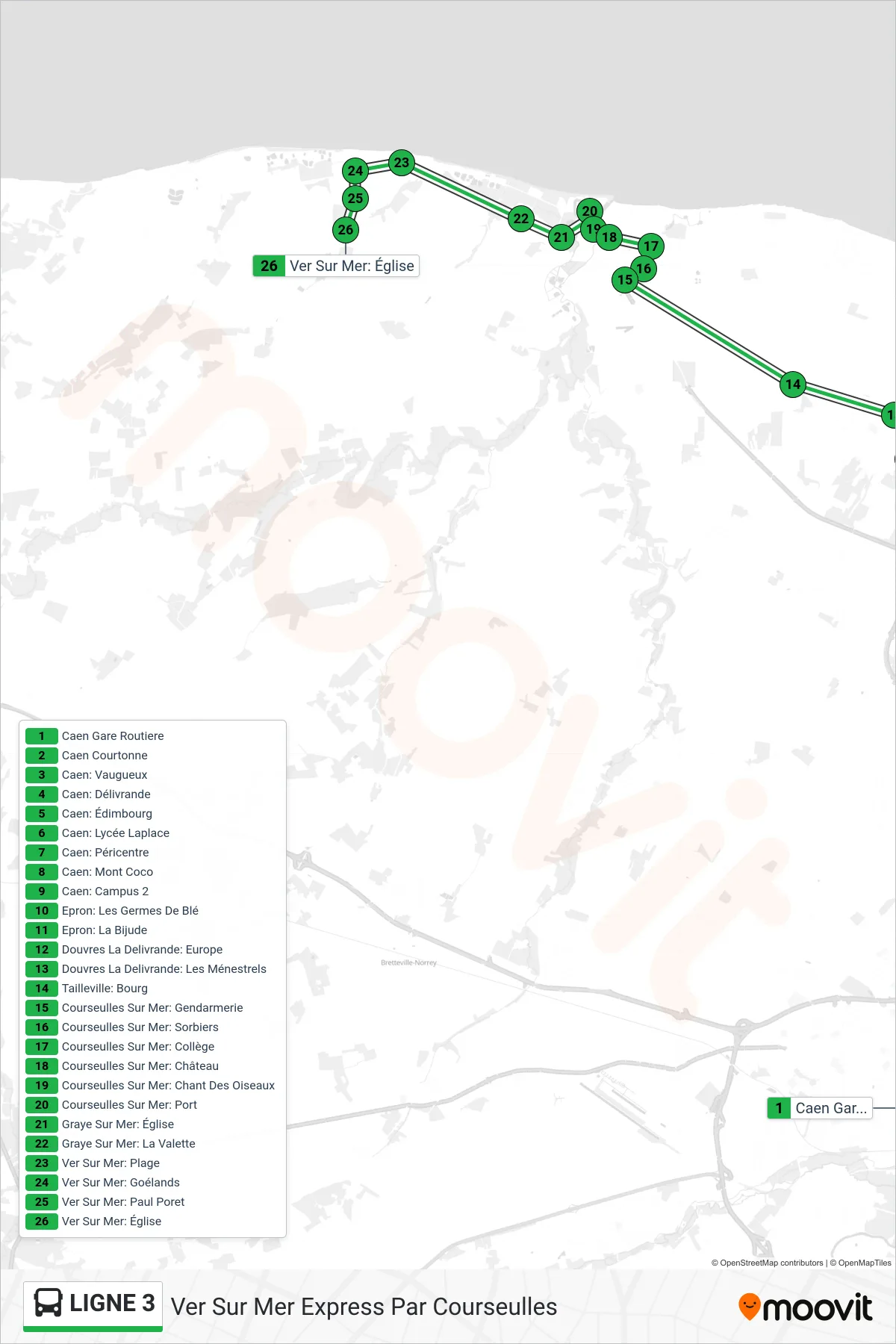 LIGNE 3 bus Line (Ver Sur Mer Express Par Courseulles) route and stops on a map