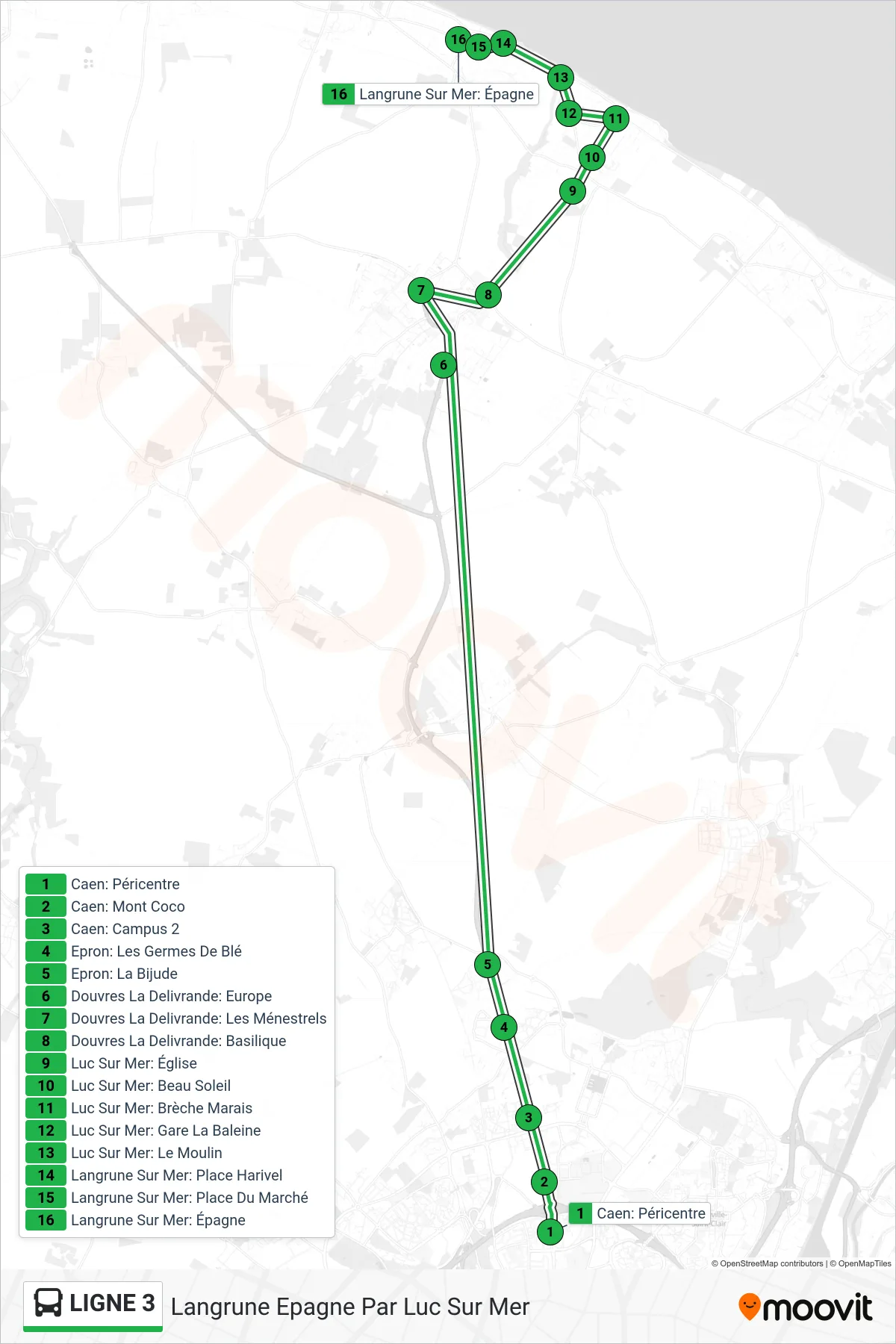 LIGNE 3 bus Line (Langrune Epagne Par Luc Sur Mer) route and stops on a map