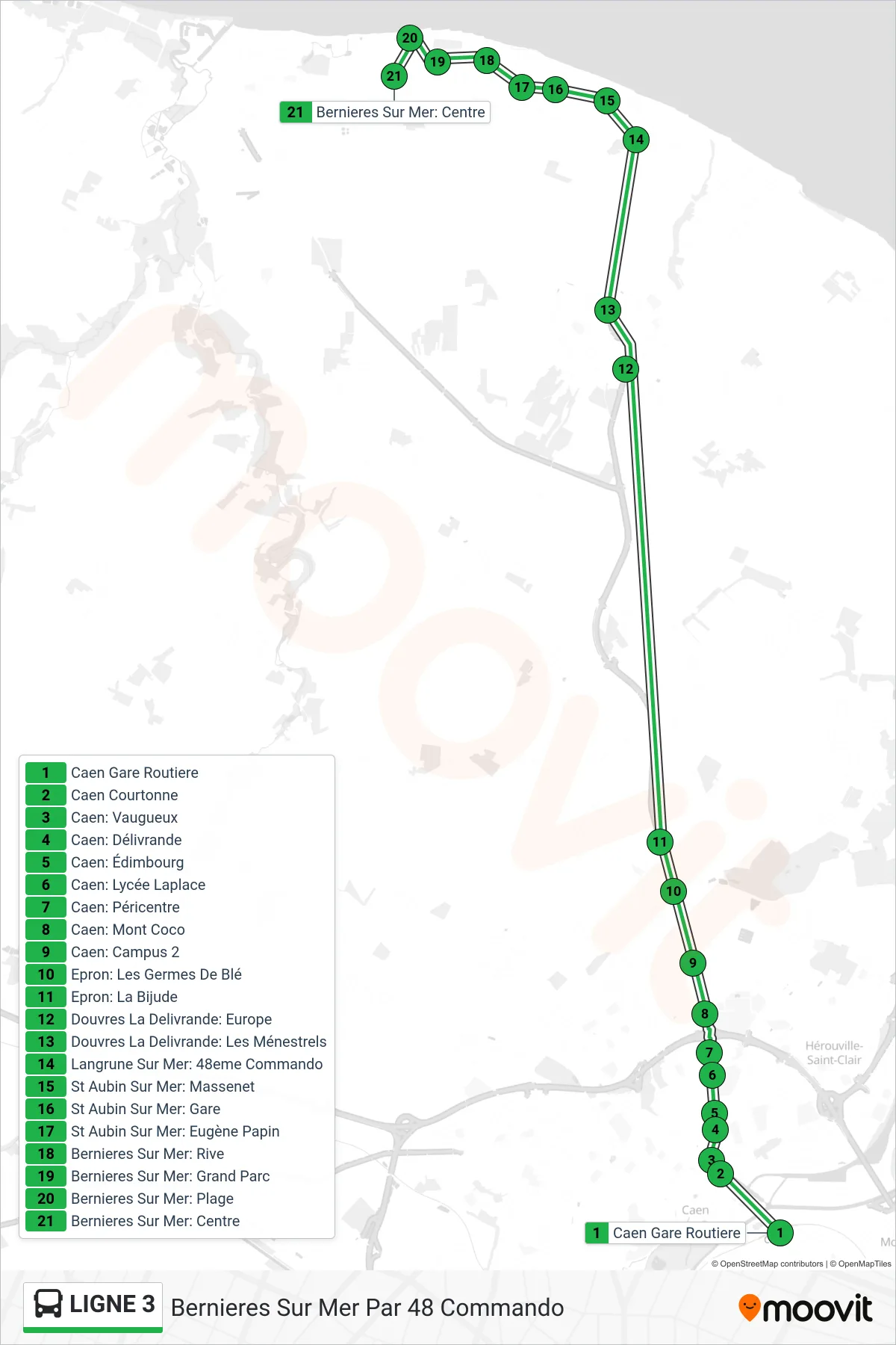 LIGNE 3 bus Line (Bernieres Sur Mer Par 48 Commando) route and stops on a map