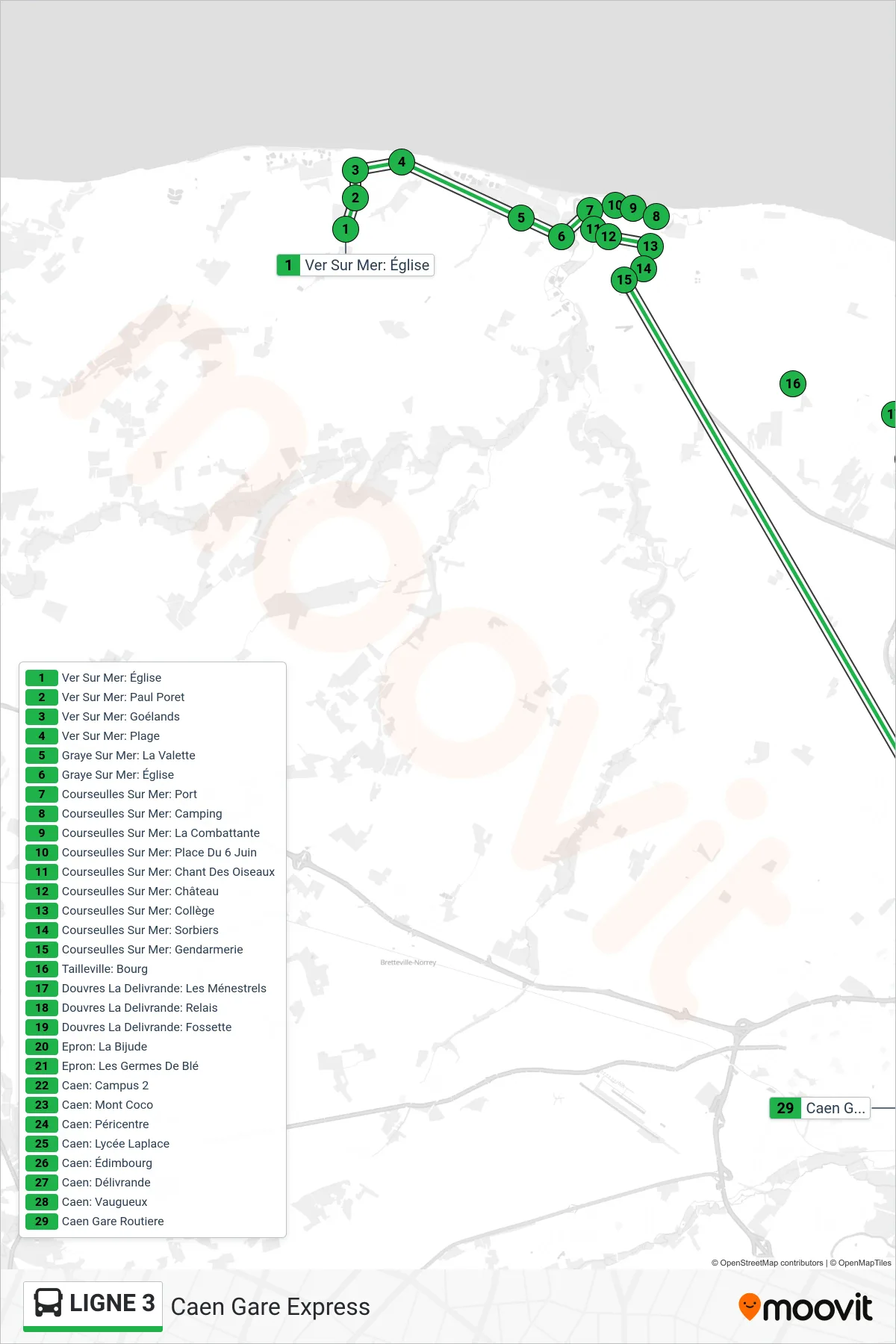 LIGNE 3 bus Line (Caen Gare Express) route and stops on a map