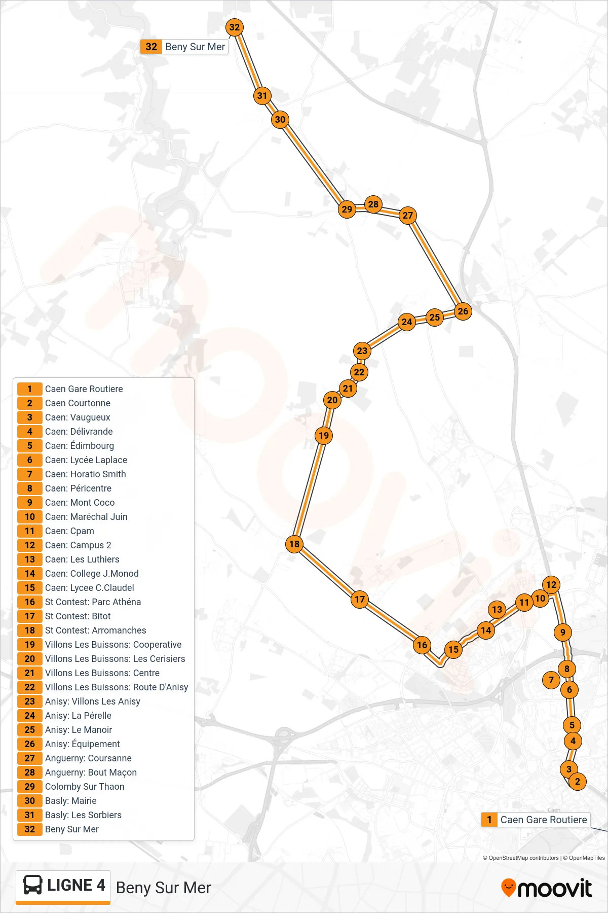 LIGNE 4 bus Line (Beny Sur Mer) route and stops on a map