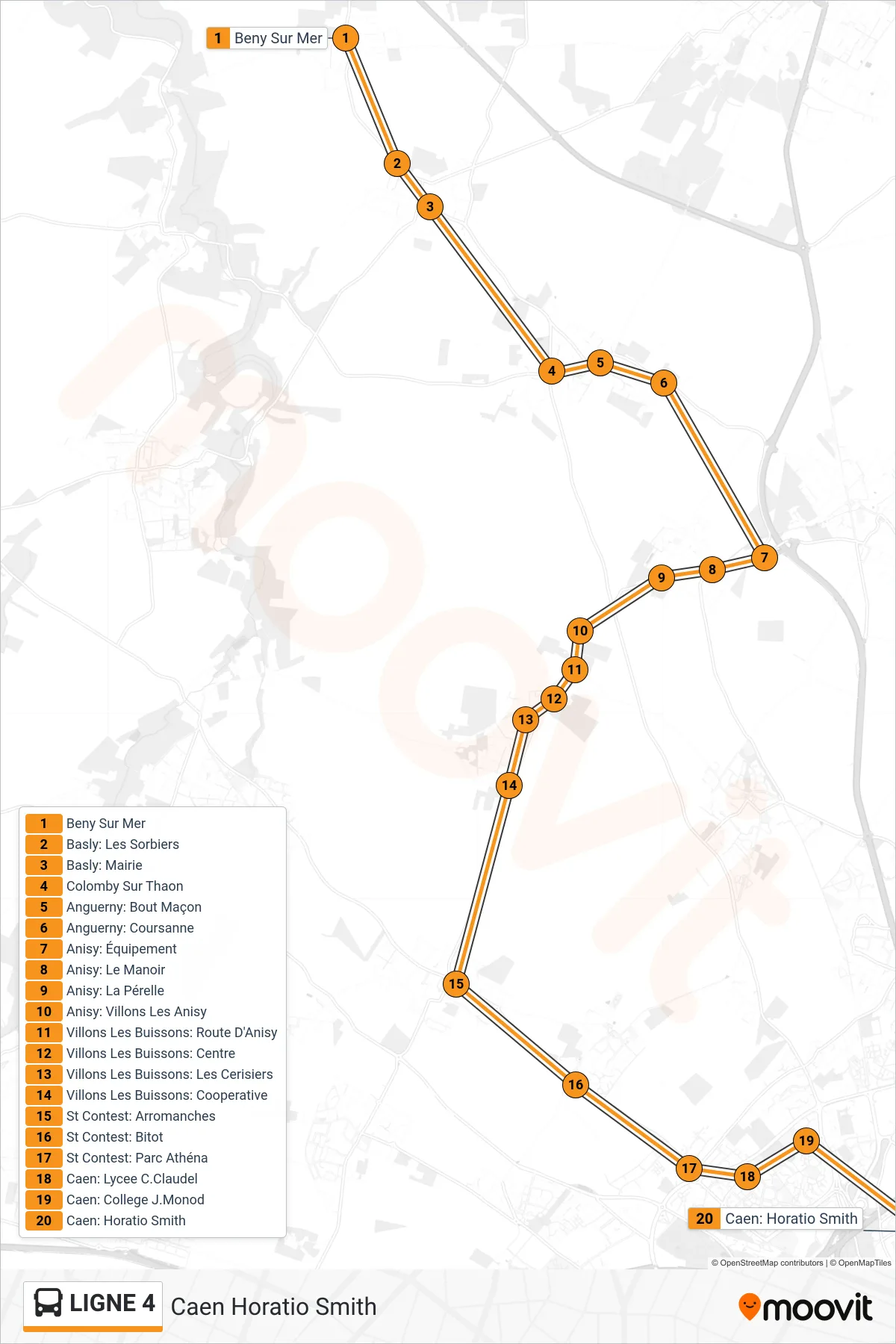 Tracé et arrêts de la ligne LIGNE 4 de bus (Caen Horatio Smith) sur une carte