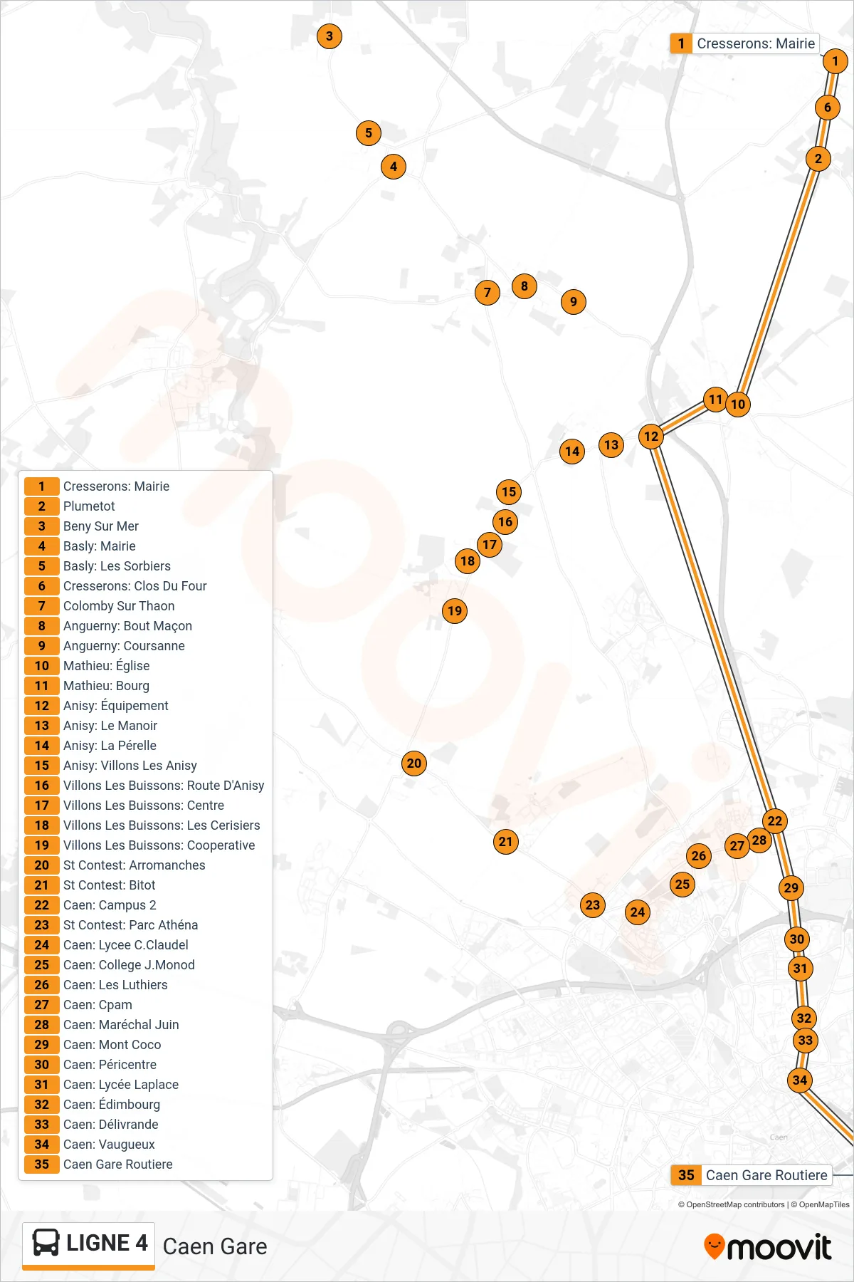Tracé et arrêts de la ligne LIGNE 4 de bus (Caen Gare) sur une carte