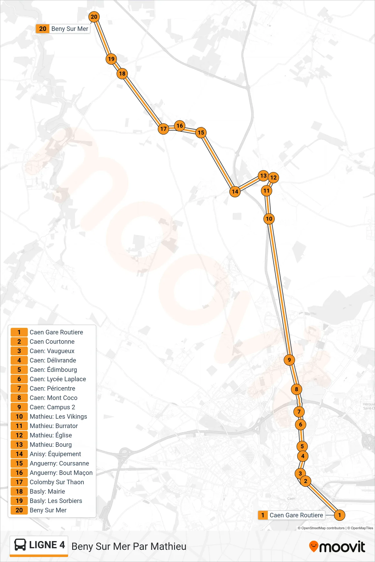 Tracé et arrêts de la ligne LIGNE 4 de bus (Beny Sur Mer Par Mathieu) sur une carte