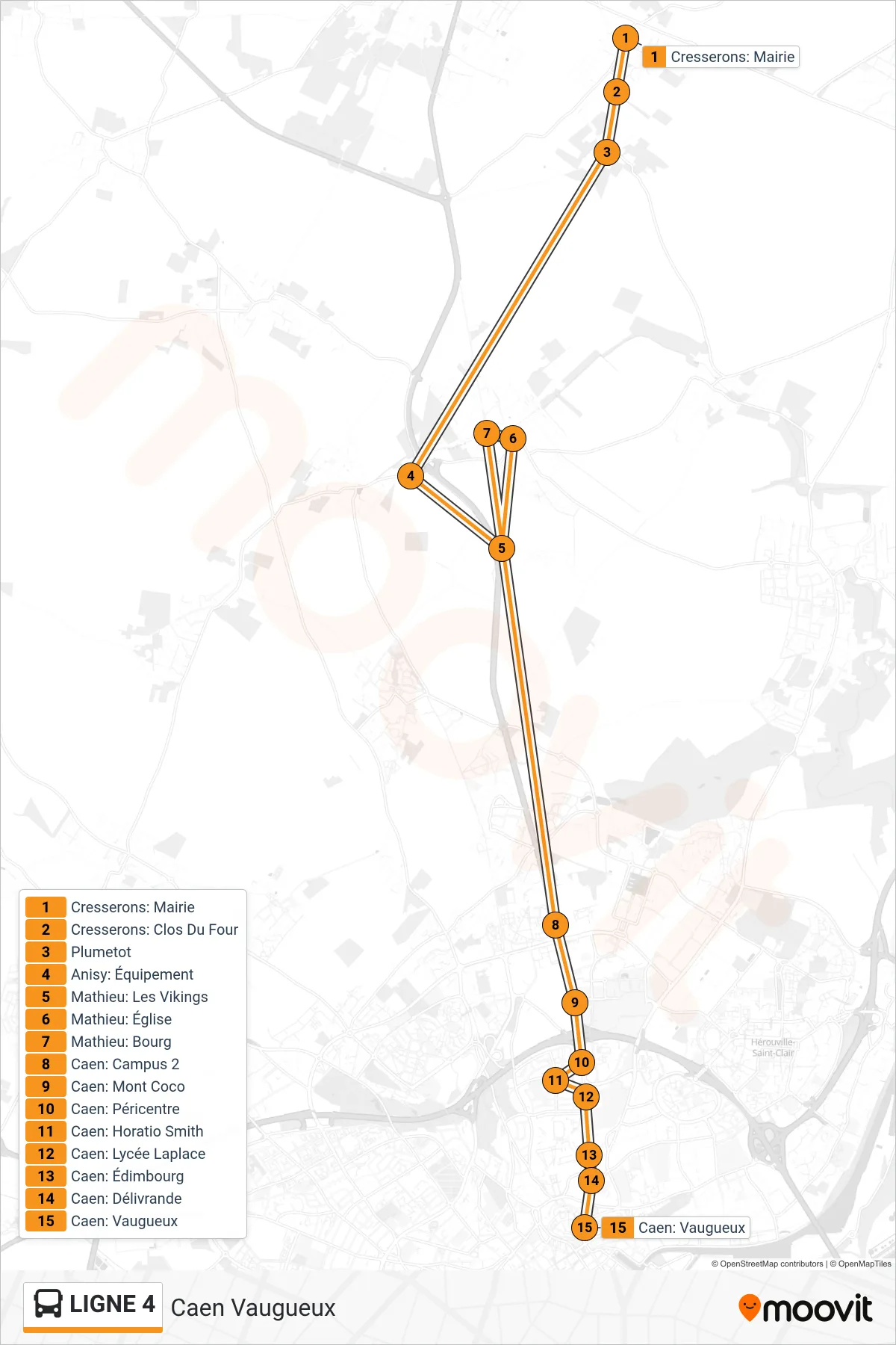 LIGNE 4 bus Line (Caen Vaugueux) route and stops on a map