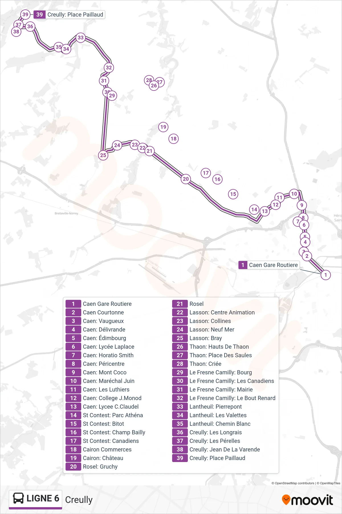LIGNE 6 bus Line (Creully) route and stops on a map