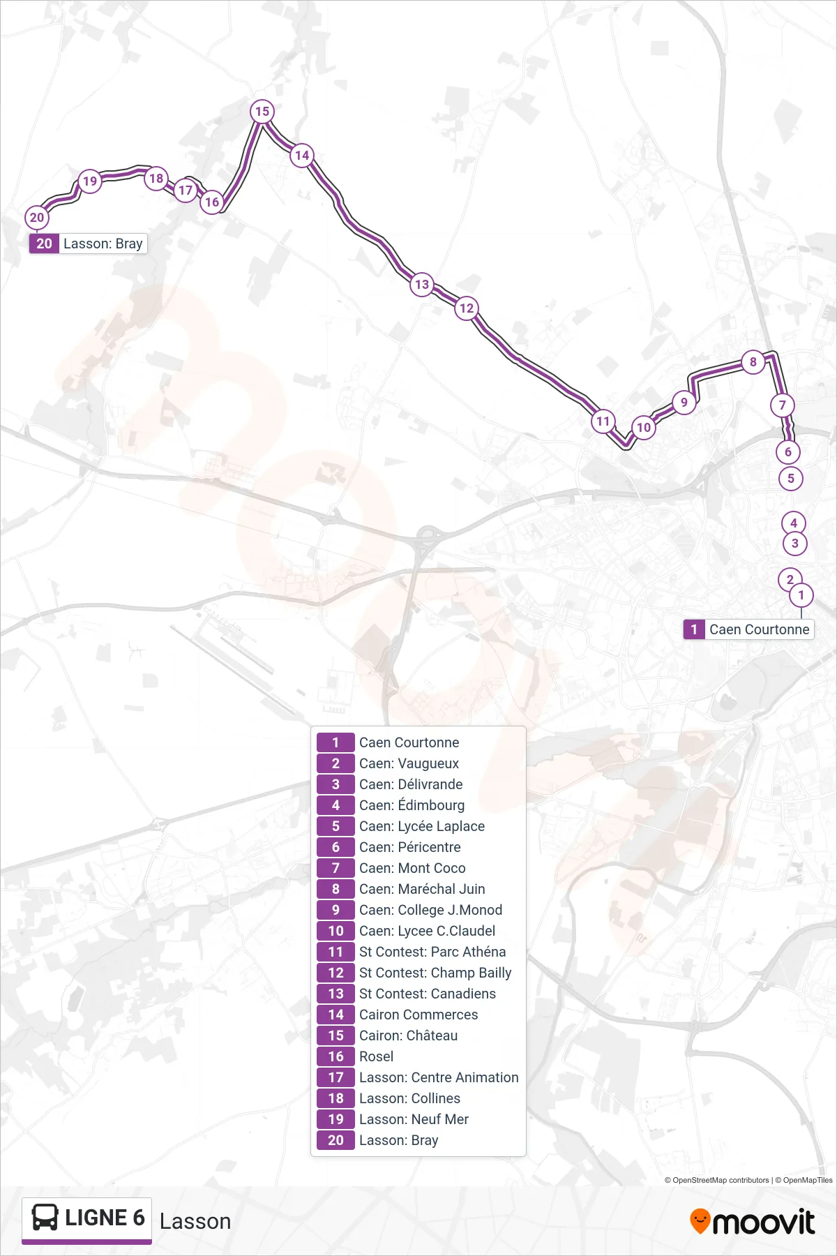 LIGNE 6 bus Line (Lasson) route and stops on a map