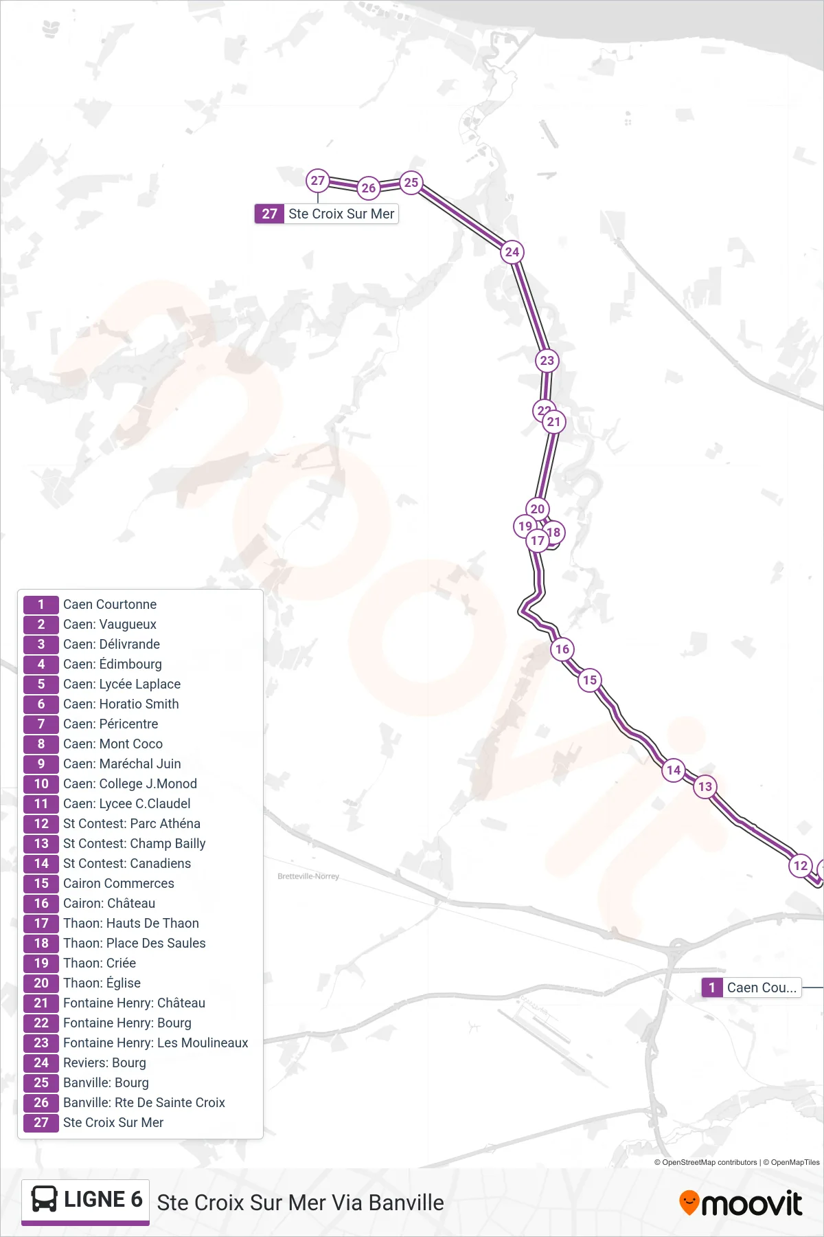 LIGNE 6 bus Line (Ste Croix Sur Mer Via Banville) route and stops on a map