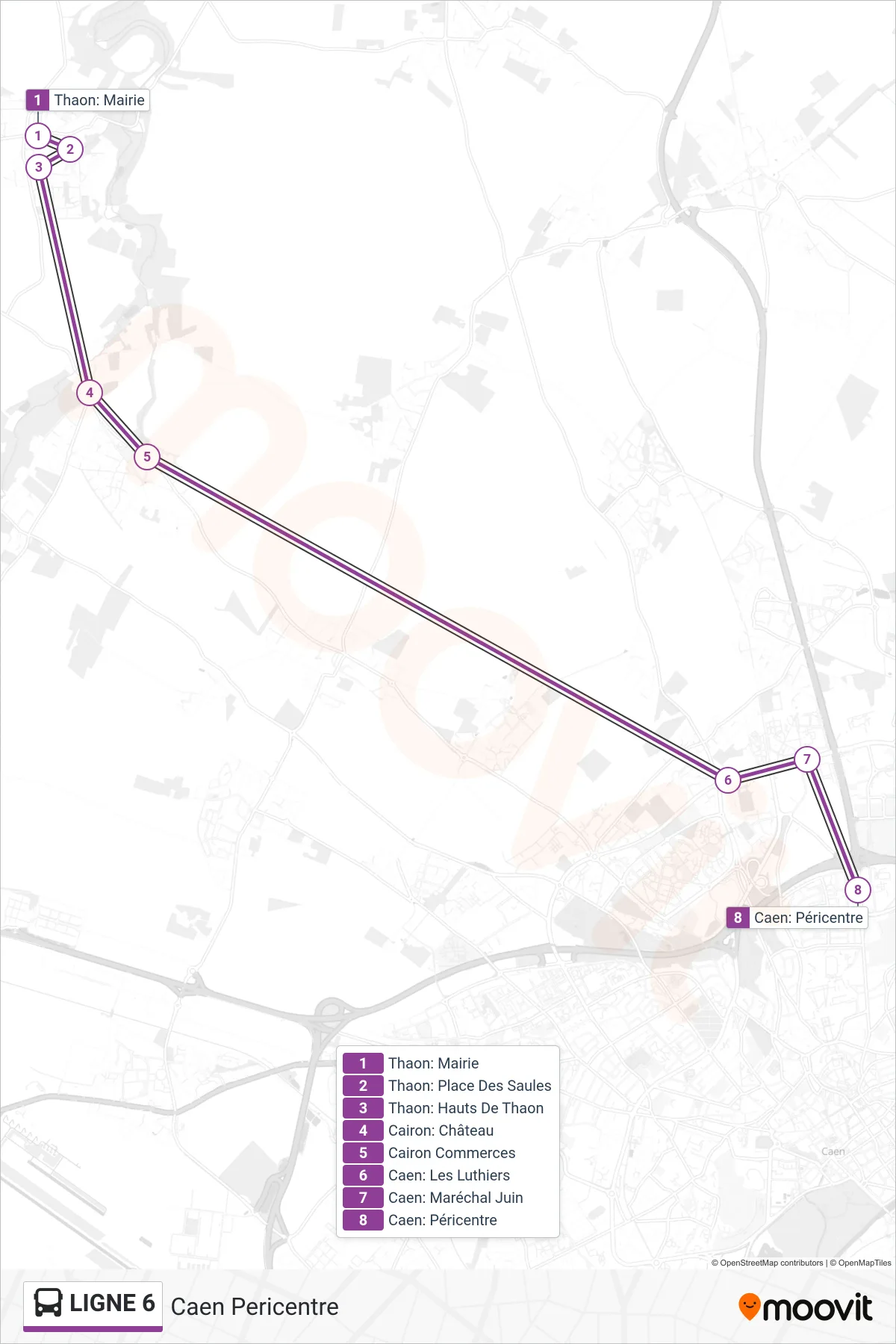 Tracé et arrêts de la ligne LIGNE 6 de bus (Caen Pericentre) sur une carte