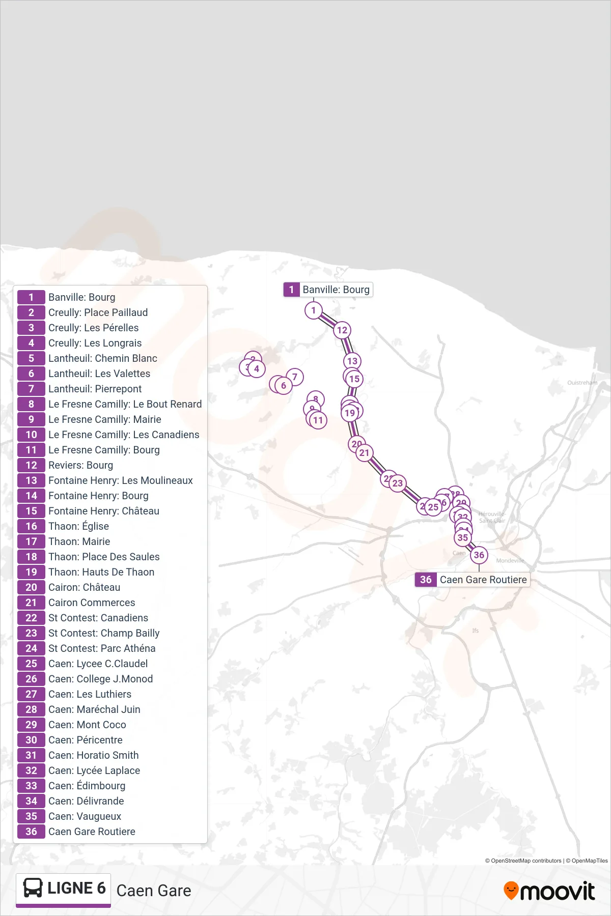 LIGNE 6 bus Line (Caen Gare) route and stops on a map