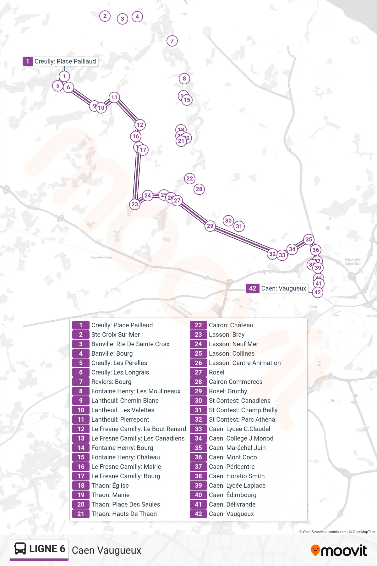 LIGNE 6 bus Line (Caen Vaugueux) route and stops on a map