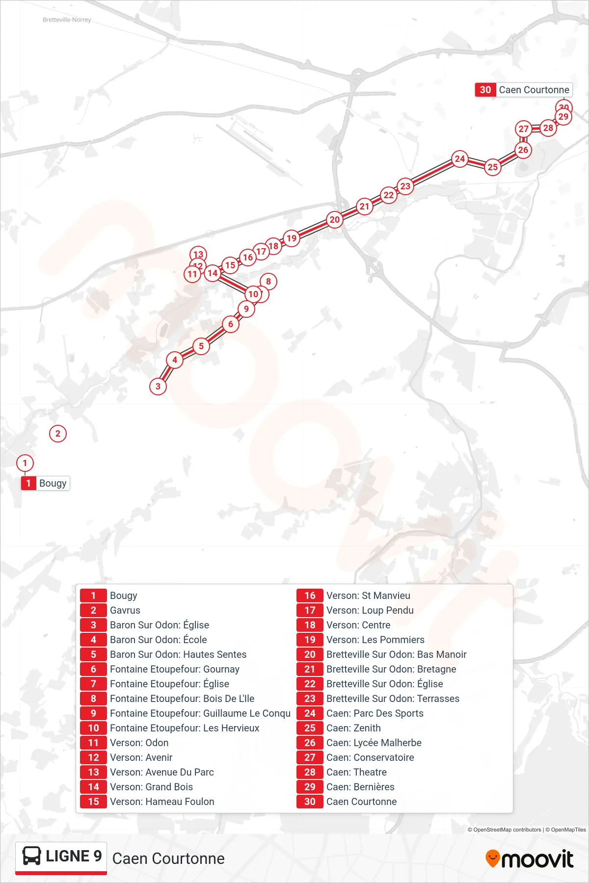 Tracé et arrêts de la ligne LIGNE 9 de bus (Caen Courtonne) sur une carte