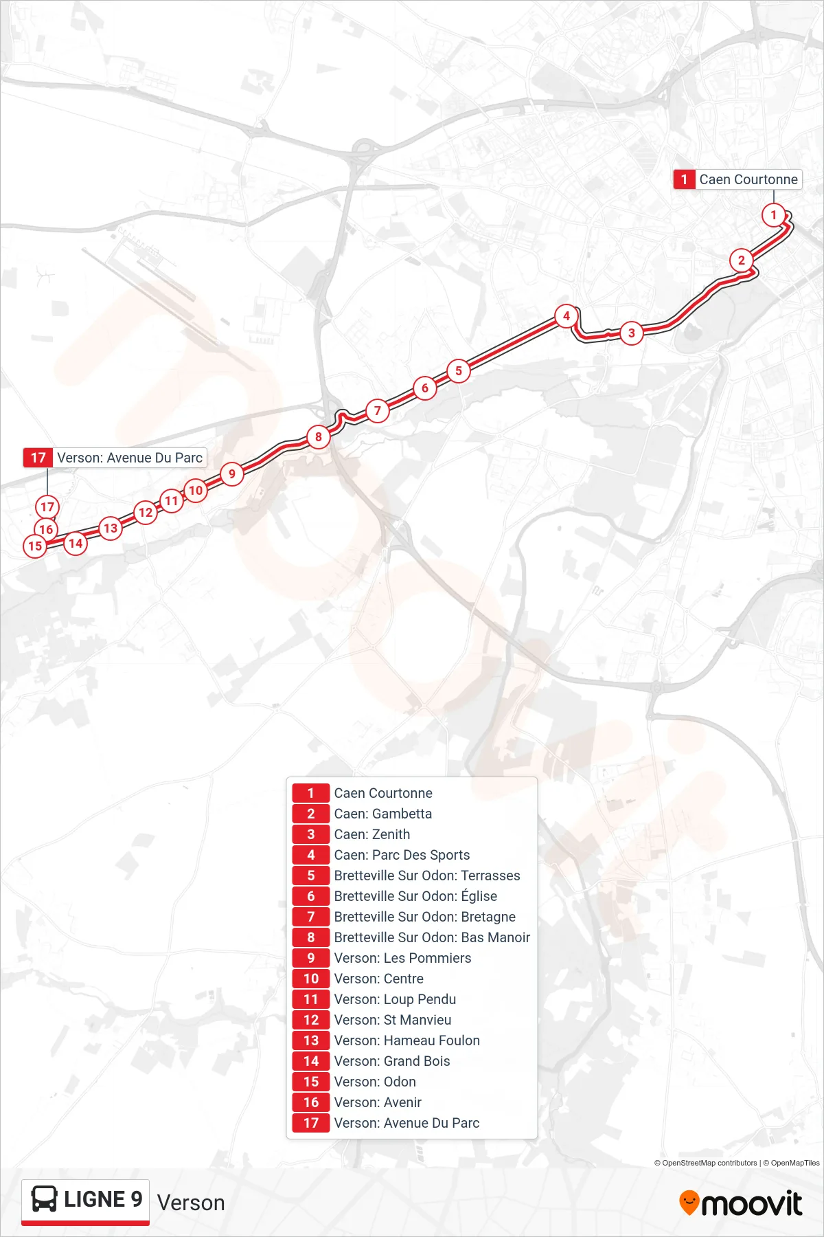 LIGNE 9 bus Line (Verson) route and stops on a map