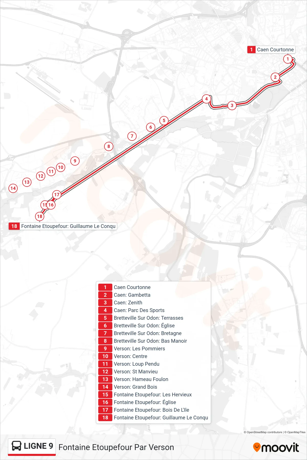 LIGNE 9 bus Line (Fontaine Etoupefour Par Verson) route and stops on a map