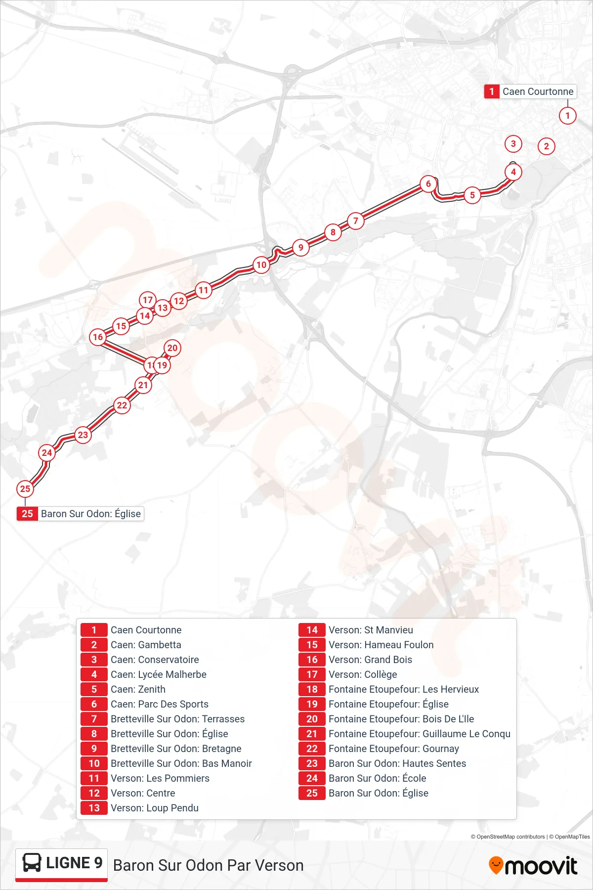 LIGNE 9 bus Line (Baron Sur Odon Par Verson) route and stops on a map