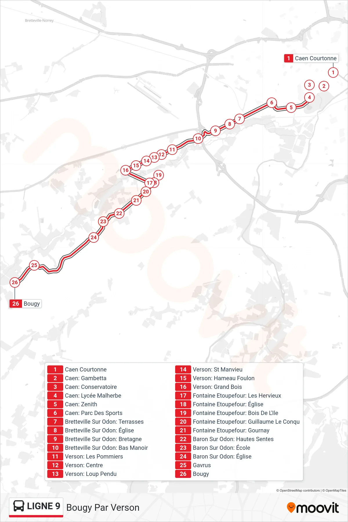 LIGNE 9 bus Line (Bougy Par Verson) route and stops on a map