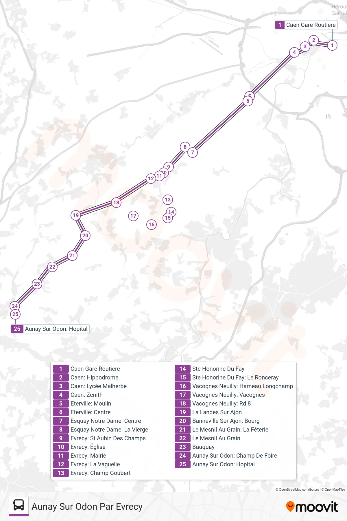 LIGNE 10 bus Line (Aunay Sur Odon Par Evrecy) route and stops on a map