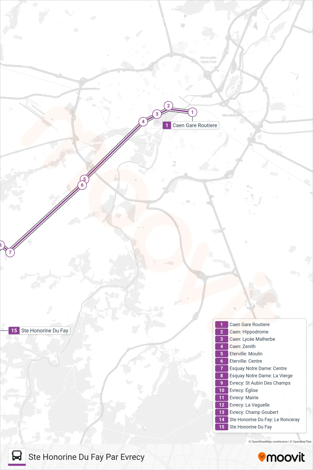 LIGNE 10 bus Line (Ste Honorine Du Fay Par Evrecy) route and stops on a map
