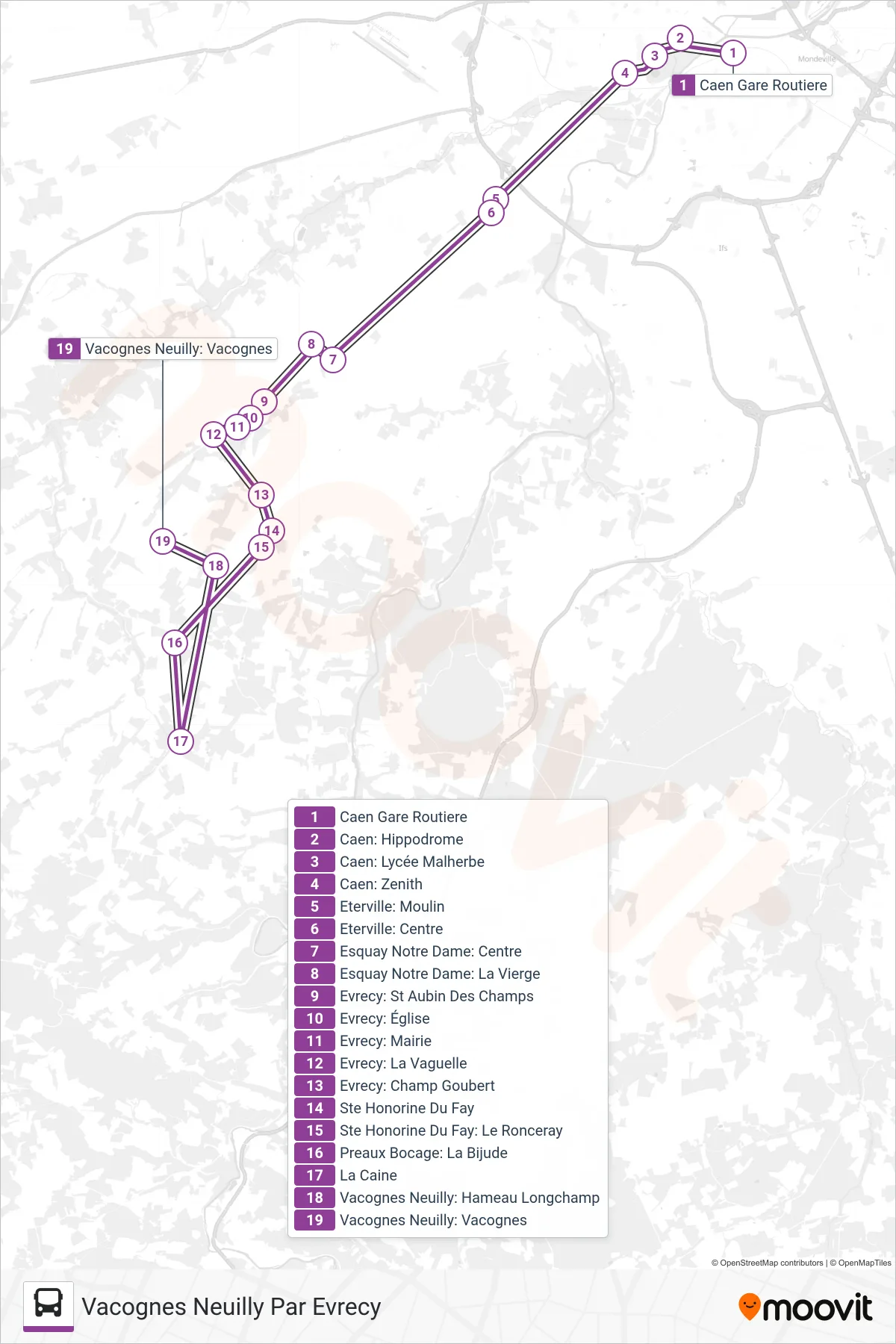 LIGNE 10 bus Line (Vacognes Neuilly Par Evrecy) route and stops on a map