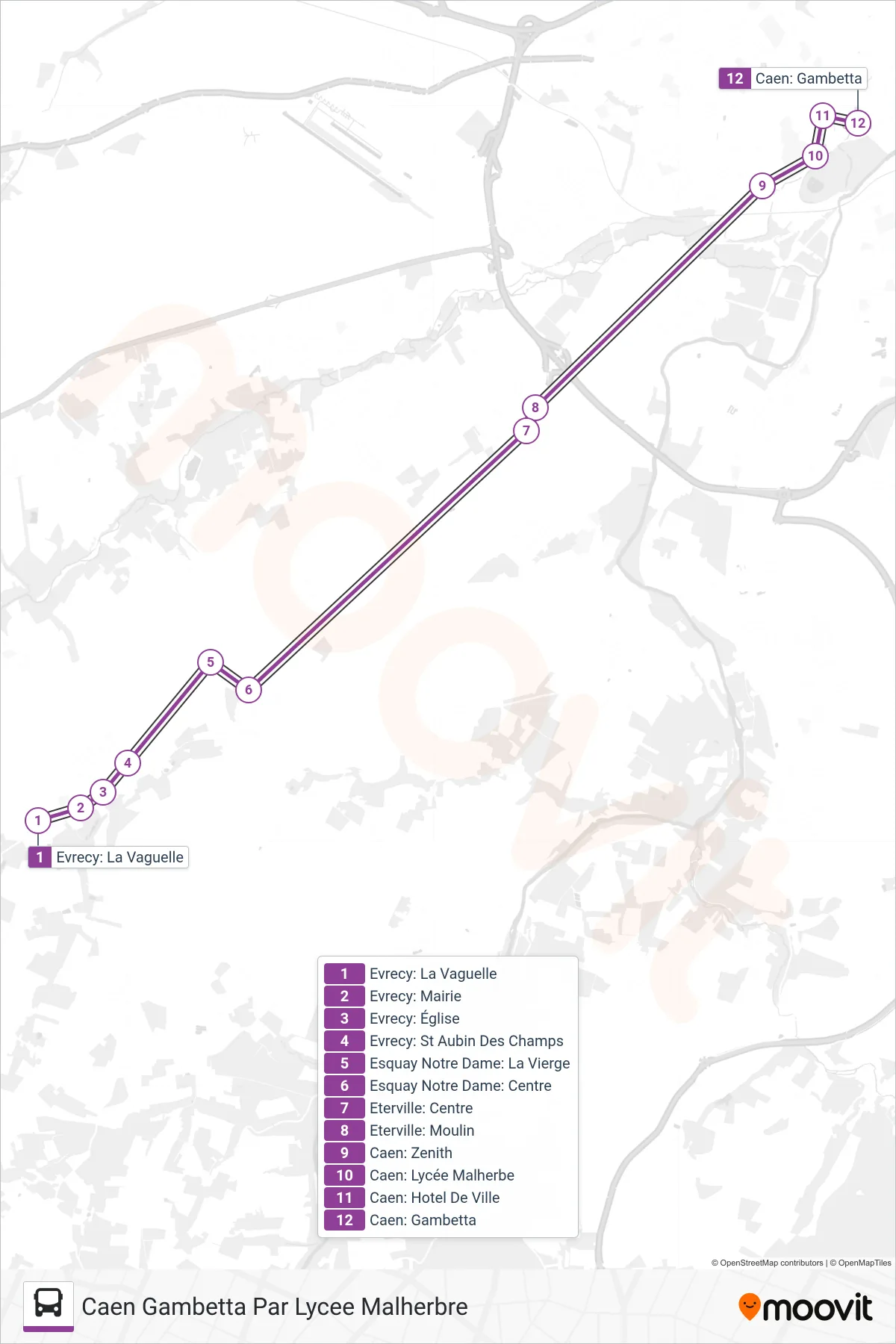 Tracé et arrêts de la ligne LIGNE 10 de bus (Caen Gambetta Par Lycee Malherbre) sur une carte