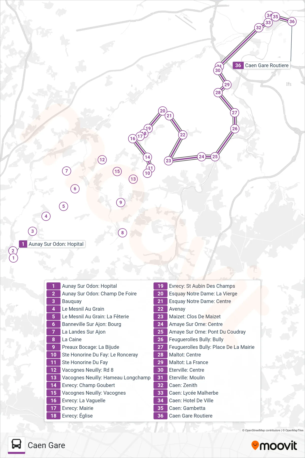 LIGNE 10 bus Line (Caen Gare) route and stops on a map