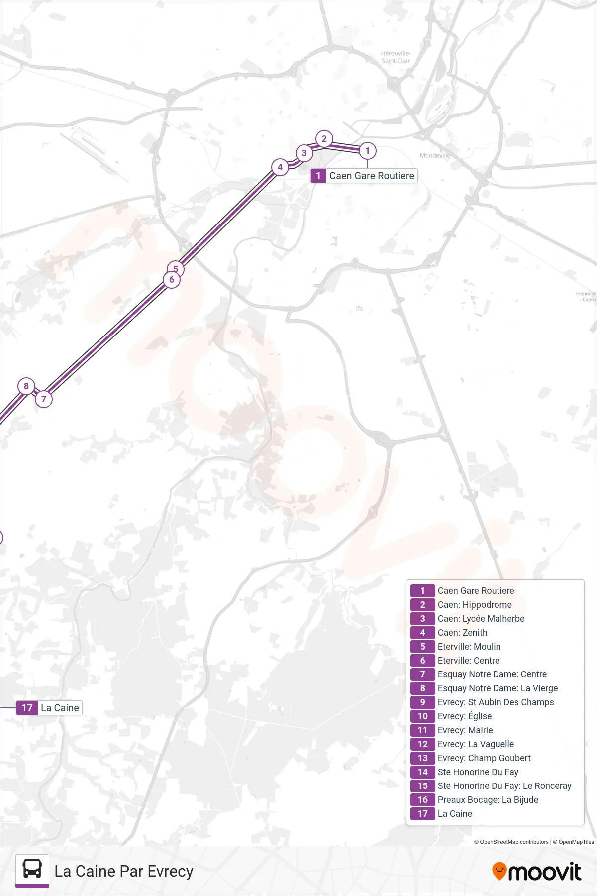 LIGNE 10 bus Line (La Caine Par Evrecy) route and stops on a map
