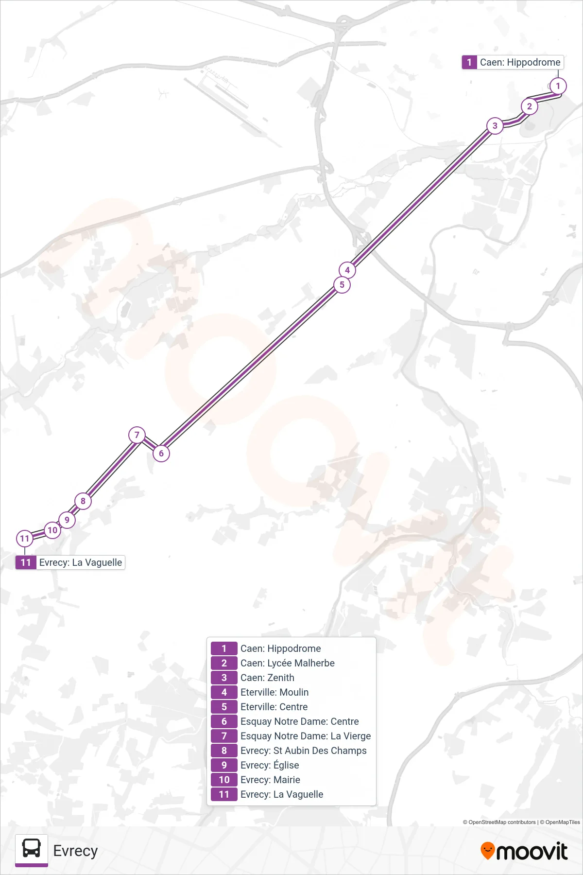 LIGNE 10 bus Line (Evrecy) route and stops on a map