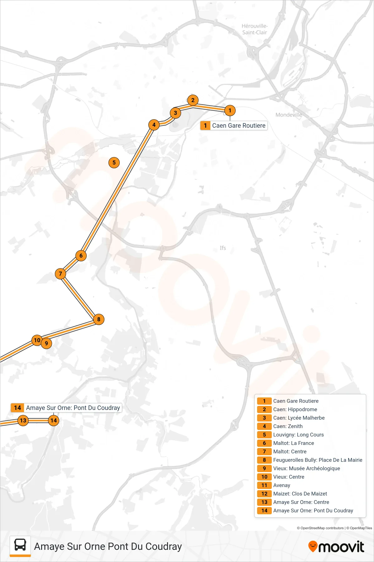 LIGNE 11 bus Line (Amaye Sur Orne Pont Du Coudray) route and stops on a map