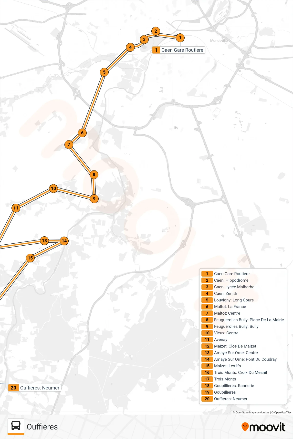 LIGNE 11 bus Line (Ouffieres) route and stops on a map