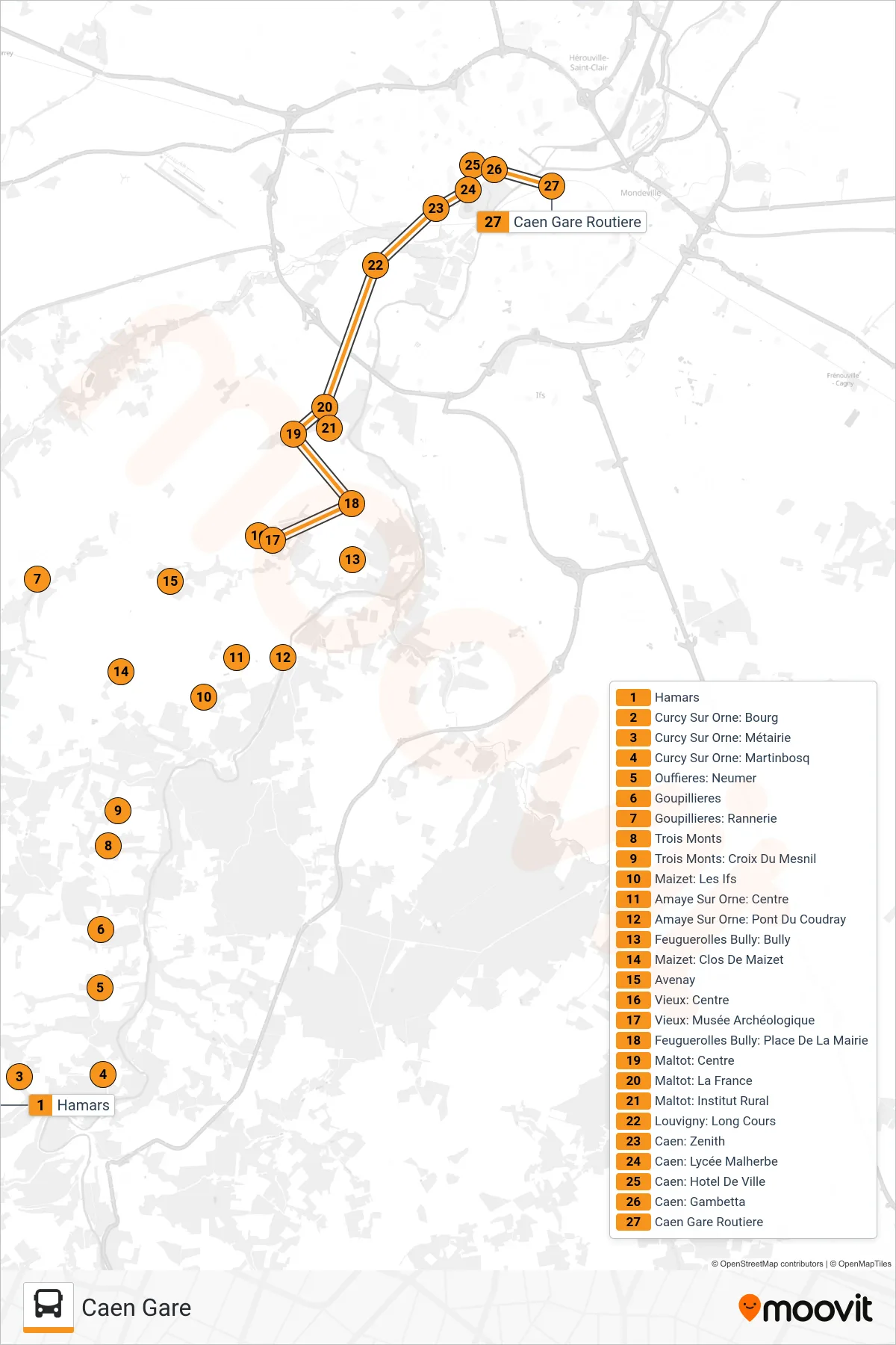 LIGNE 11 bus Line (Caen Gare) route and stops on a map