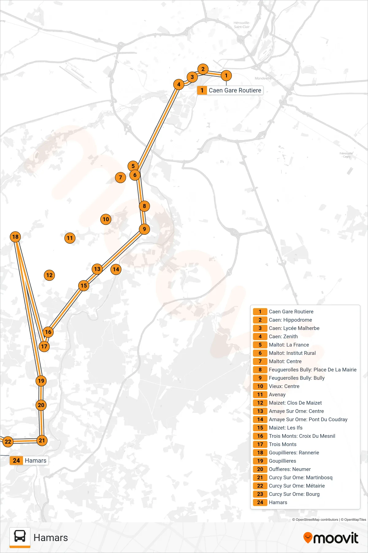 Tracé et arrêts de la ligne LIGNE 11 de bus (Hamars) sur une carte