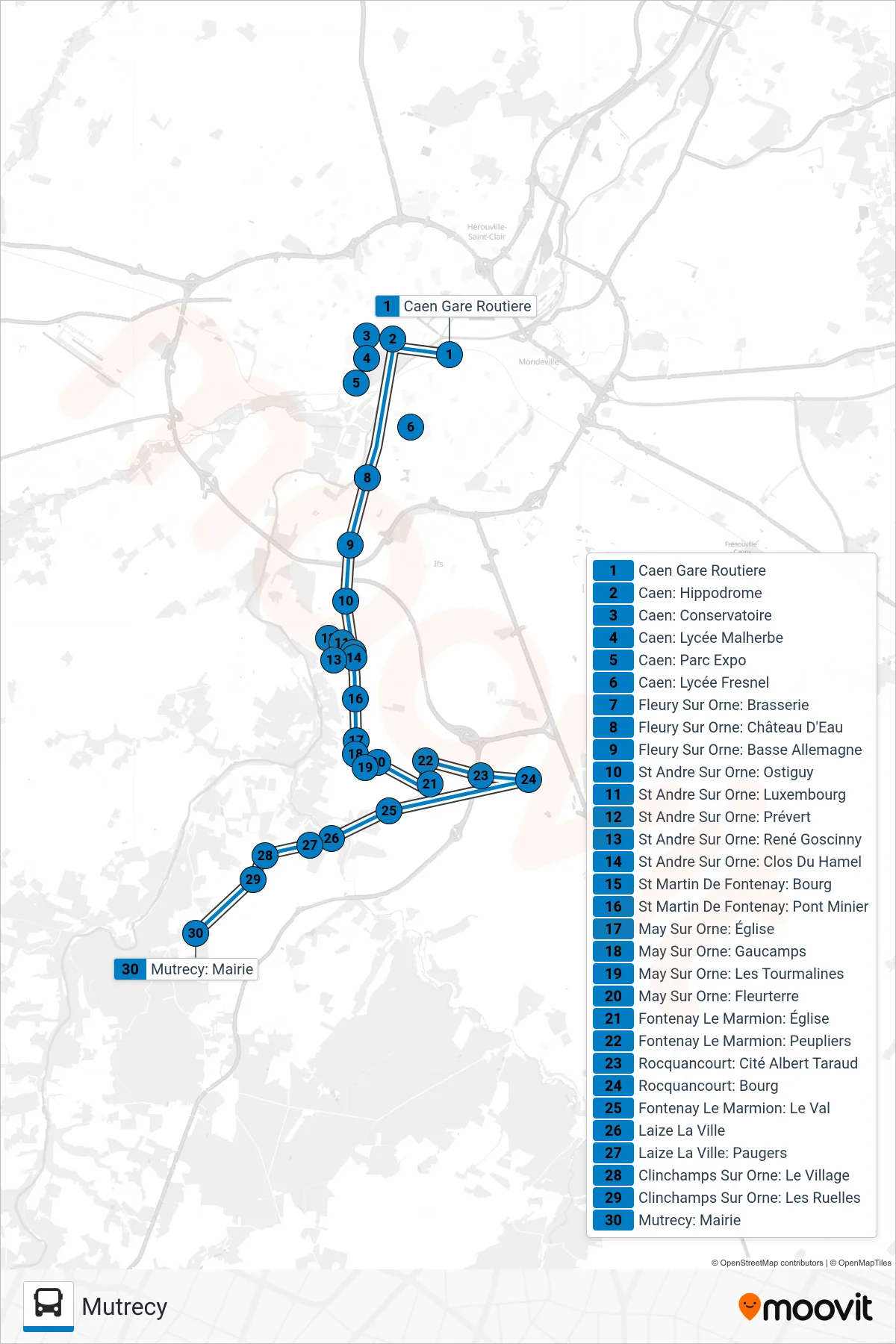 Tracé et arrêts de la ligne LIGNE 12 de bus (Mutrecy) sur une carte
