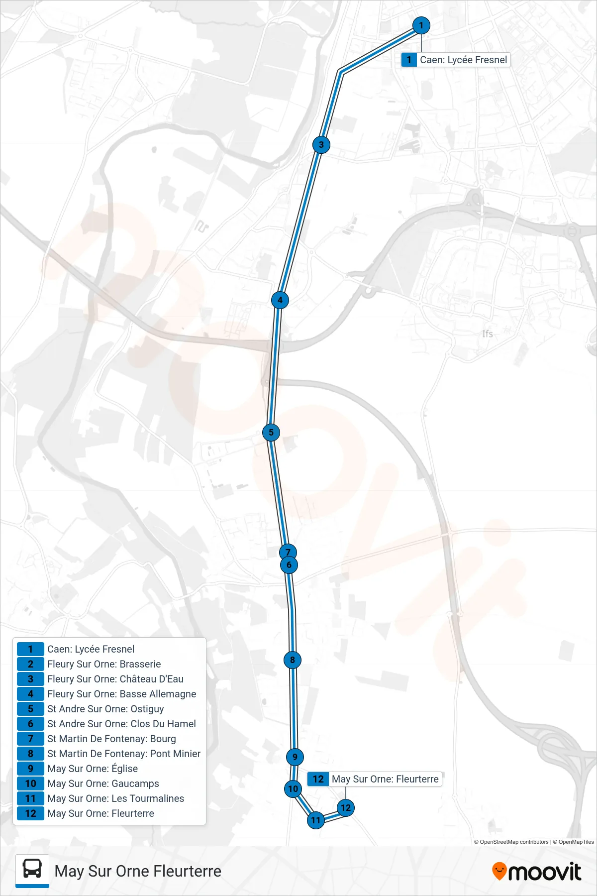 LIGNE 12 bus Line (May Sur Orne Fleurterre) route and stops on a map