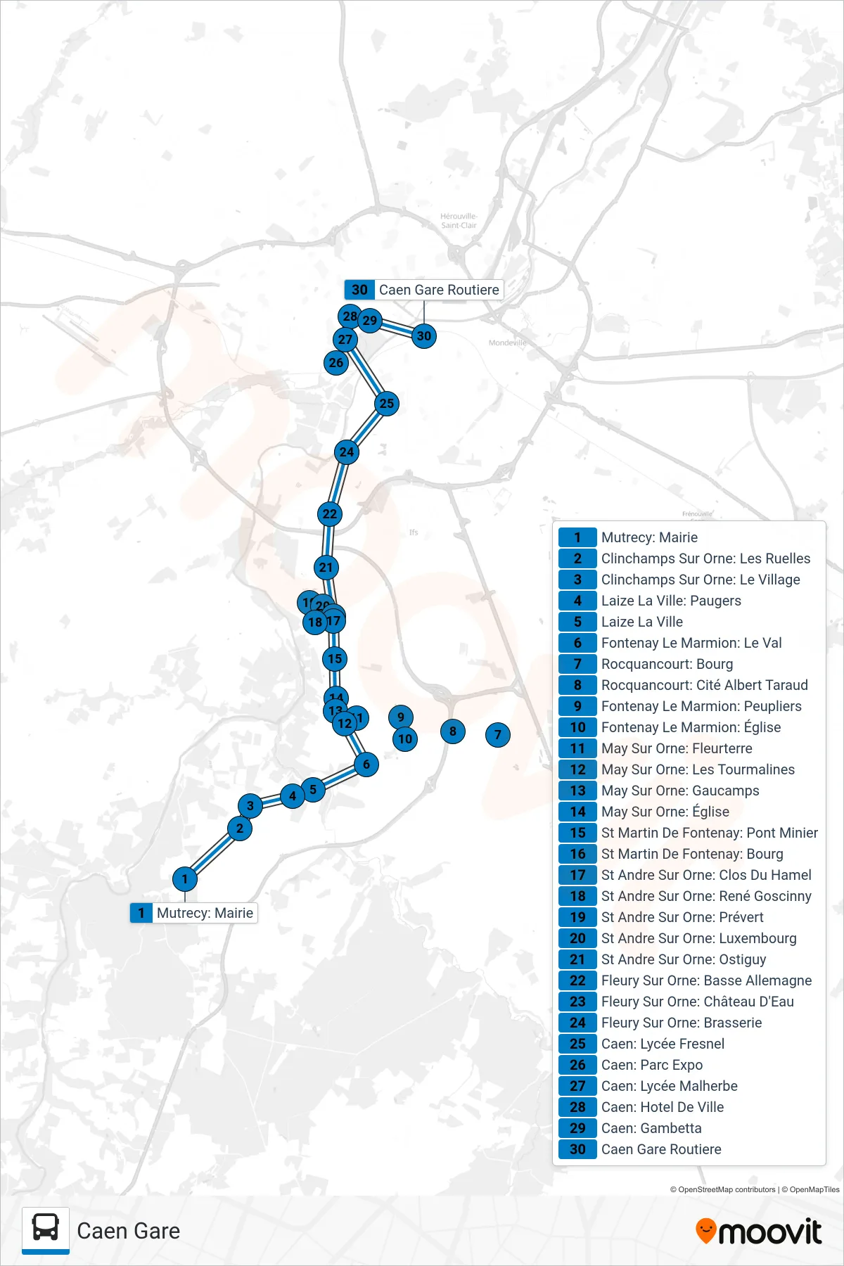 LIGNE 12 bus Line (Caen Gare) route and stops on a map