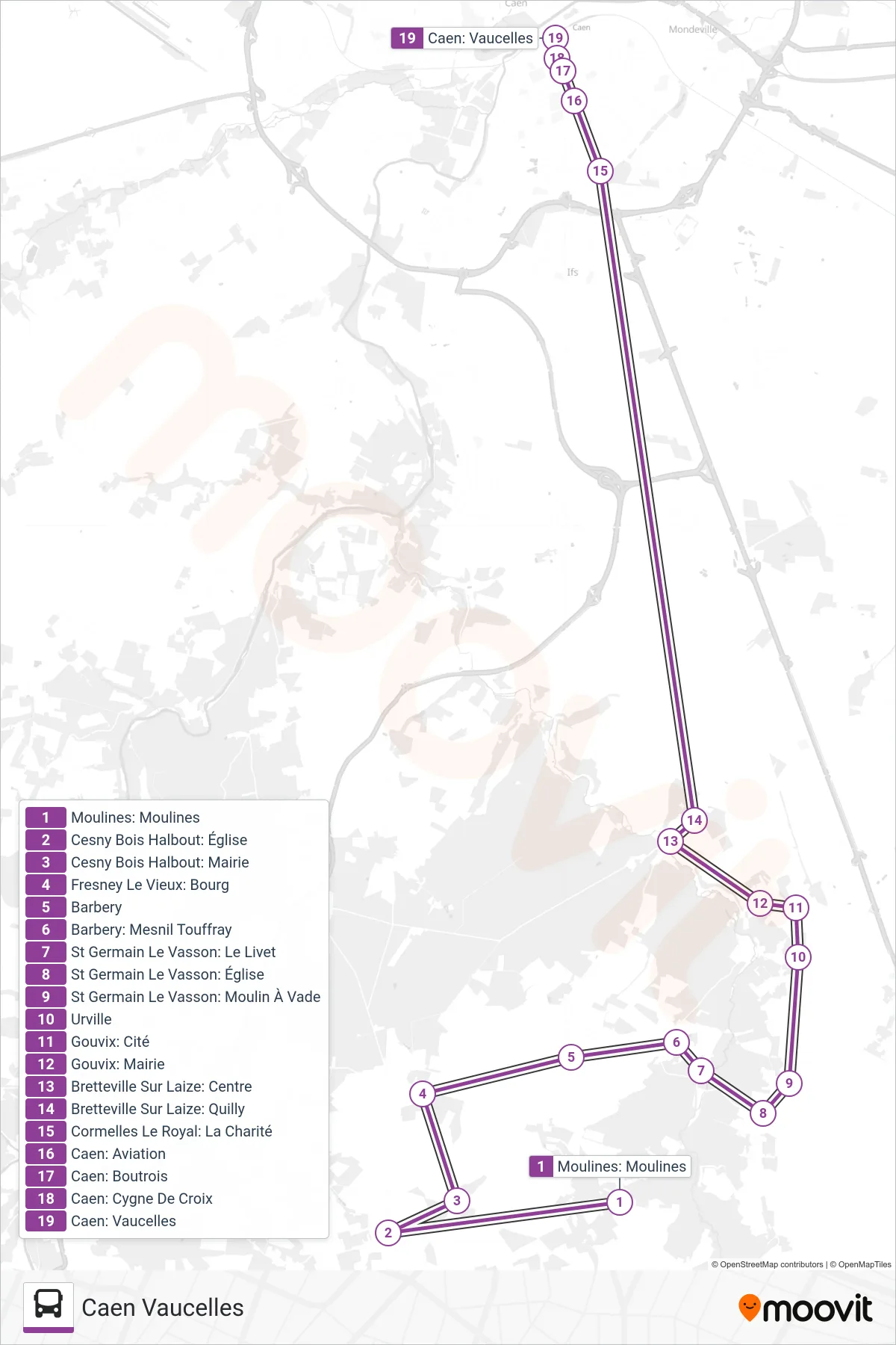 Tracé et arrêts de la ligne LIGNE 14 de bus (Caen Vaucelles) sur une carte