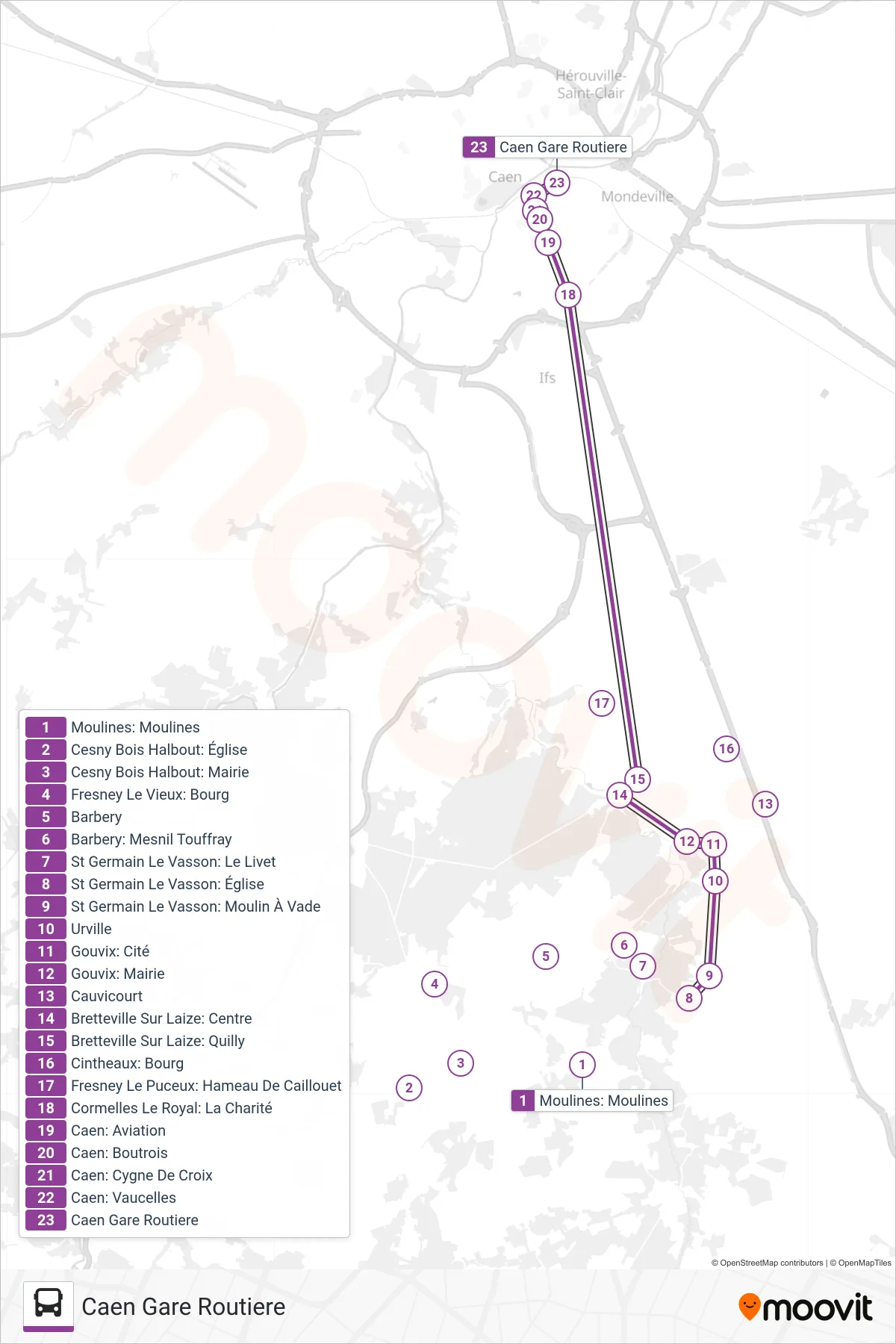 LIGNE 14 bus Line (Caen Gare Routiere) route and stops on a map