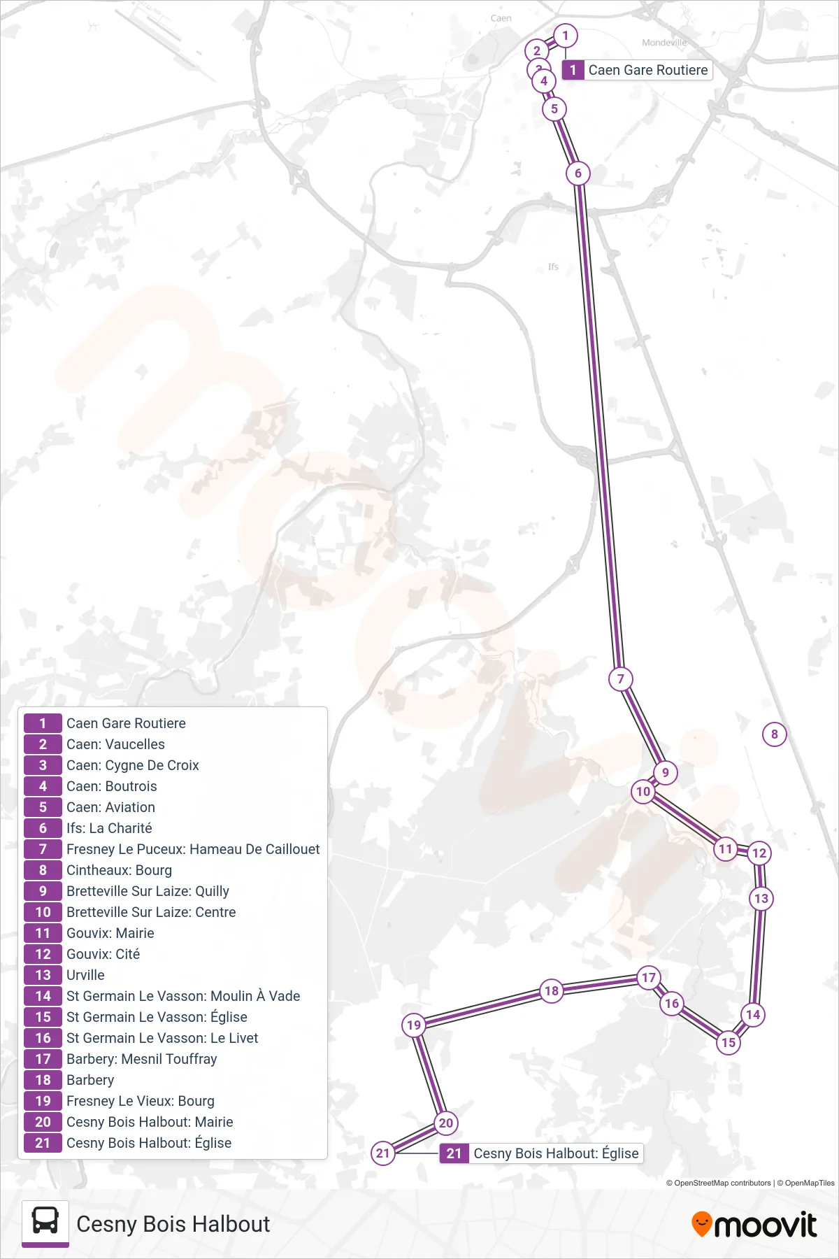 LIGNE 14 bus Line (Cesny Bois Halbout) route and stops on a map
