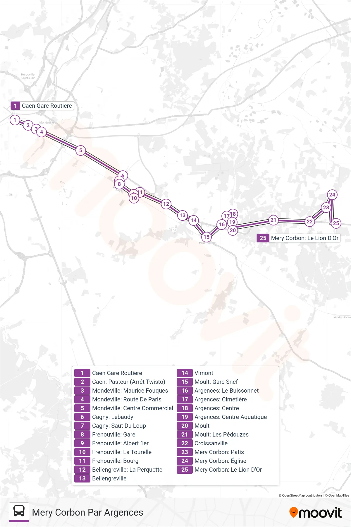 LIGNE 16 bus Line (Mery Corbon Par Argences) route and stops on a map