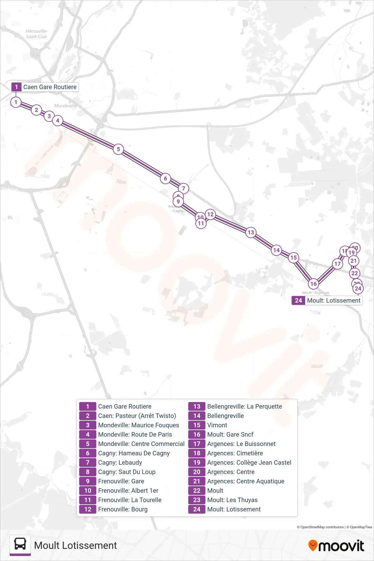 Tracé et arrêts de la ligne LIGNE 16 de bus (Moult Lotissement) sur une carte