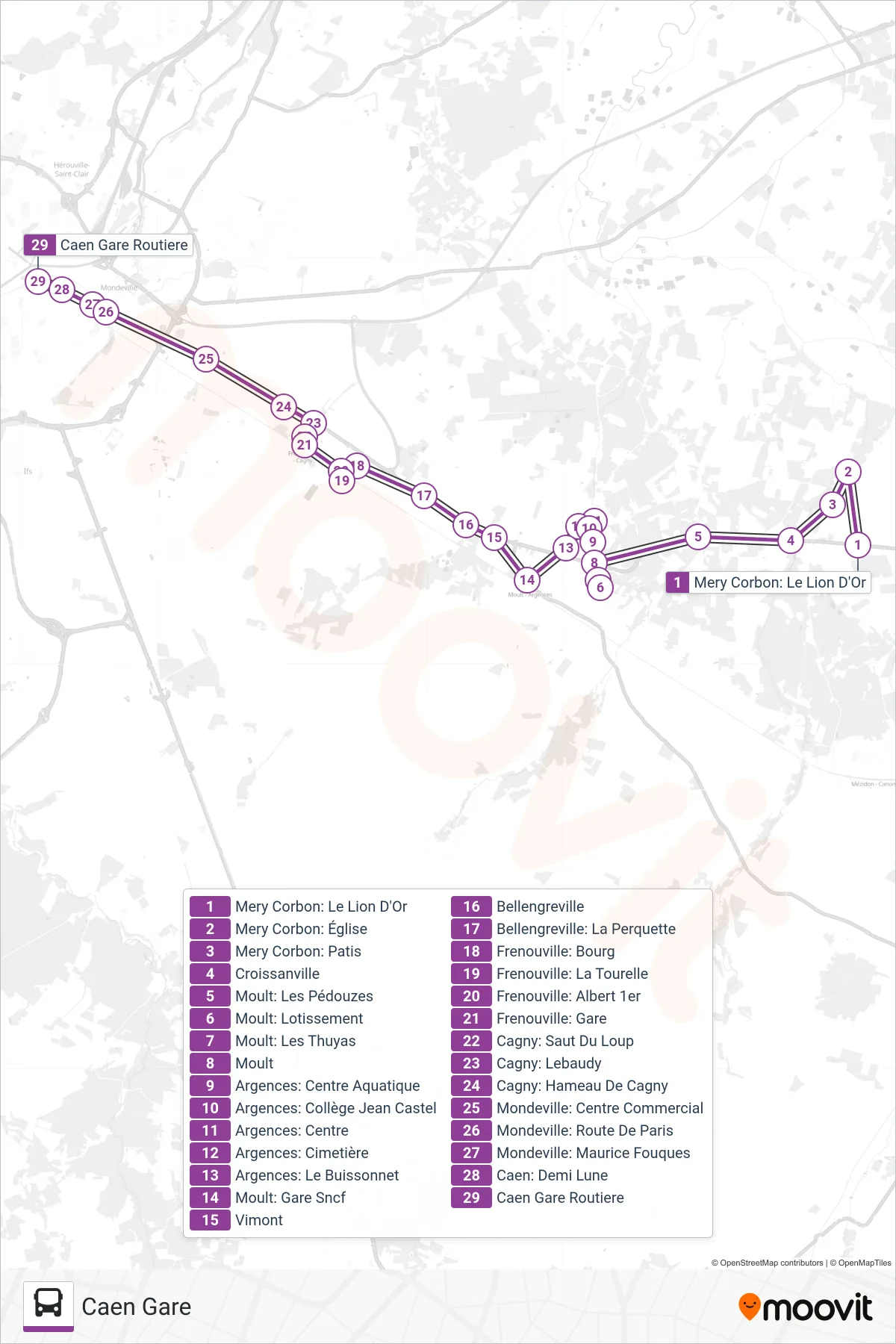 LIGNE 16 bus Line (Caen Gare) route and stops on a map