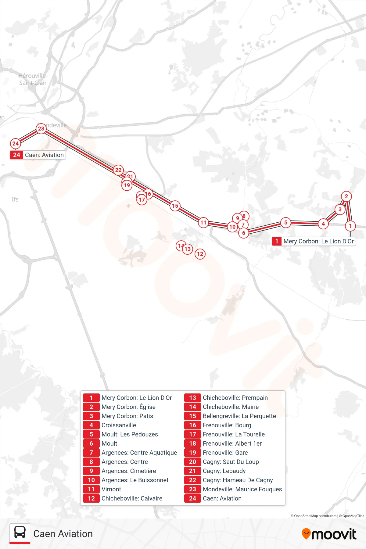 Tracé et arrêts de la ligne LIGNE 17 de bus (Caen Aviation) sur une carte