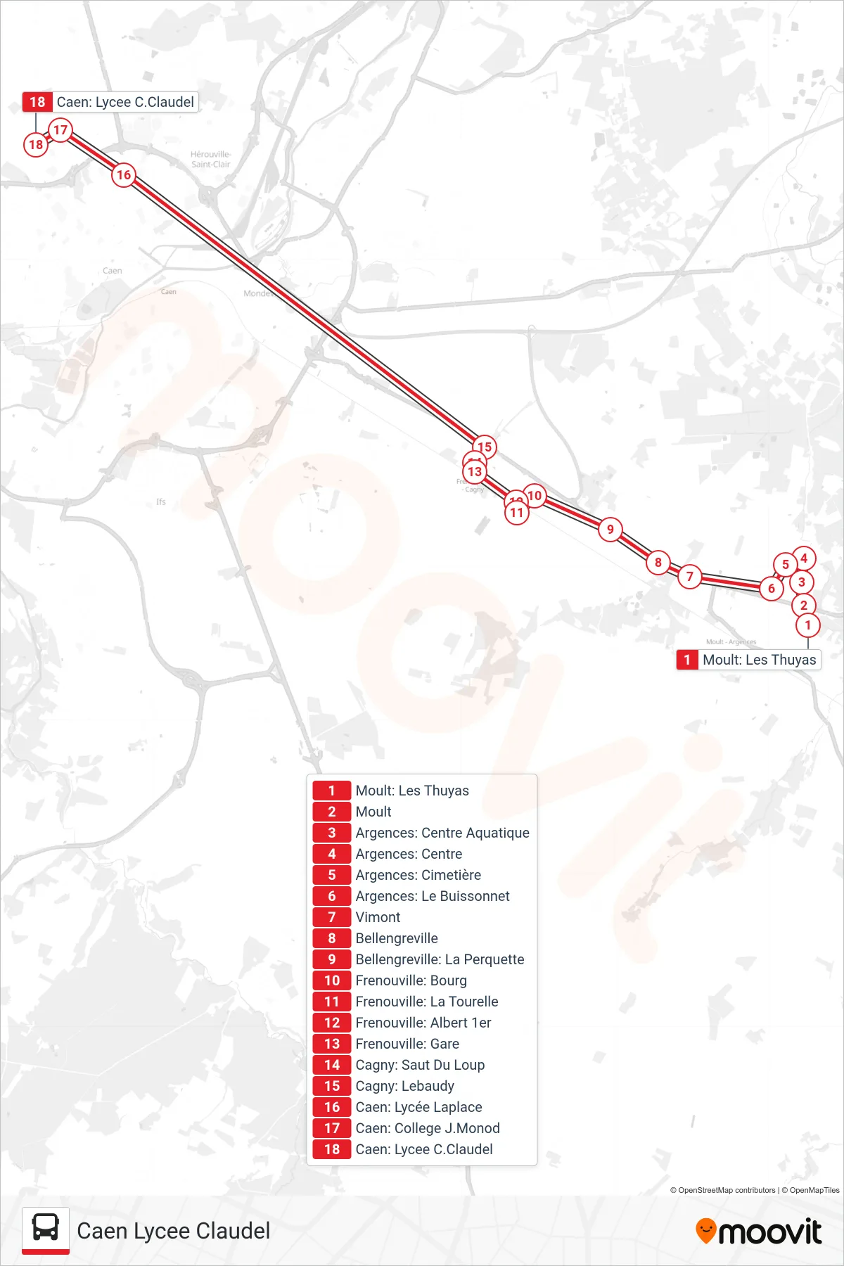 LIGNE 17 bus Line (Caen Lycee Claudel) route and stops on a map