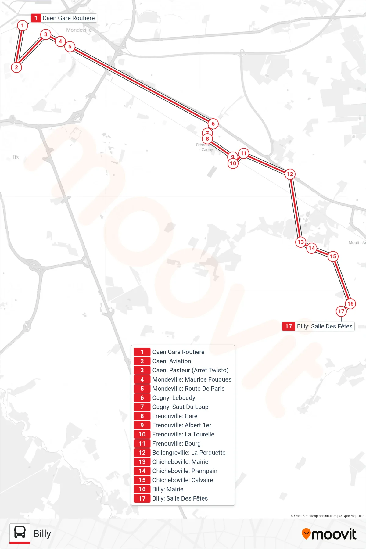 LIGNE 17 bus Line (Billy) route and stops on a map