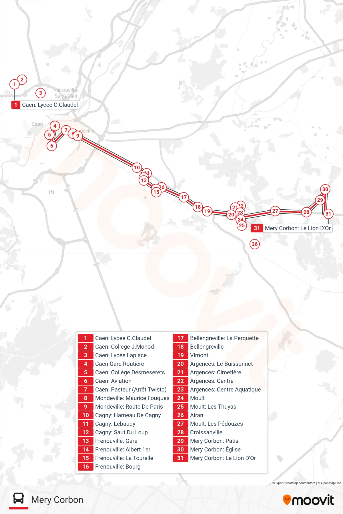 LIGNE 17 bus Line (Mery Corbon) route and stops on a map