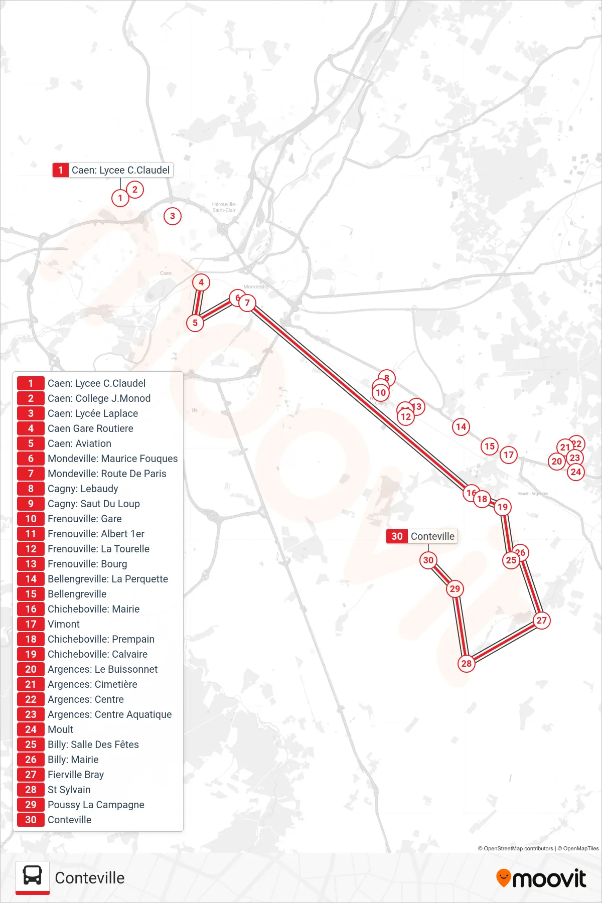 LIGNE 17 bus Line (Conteville) route and stops on a map